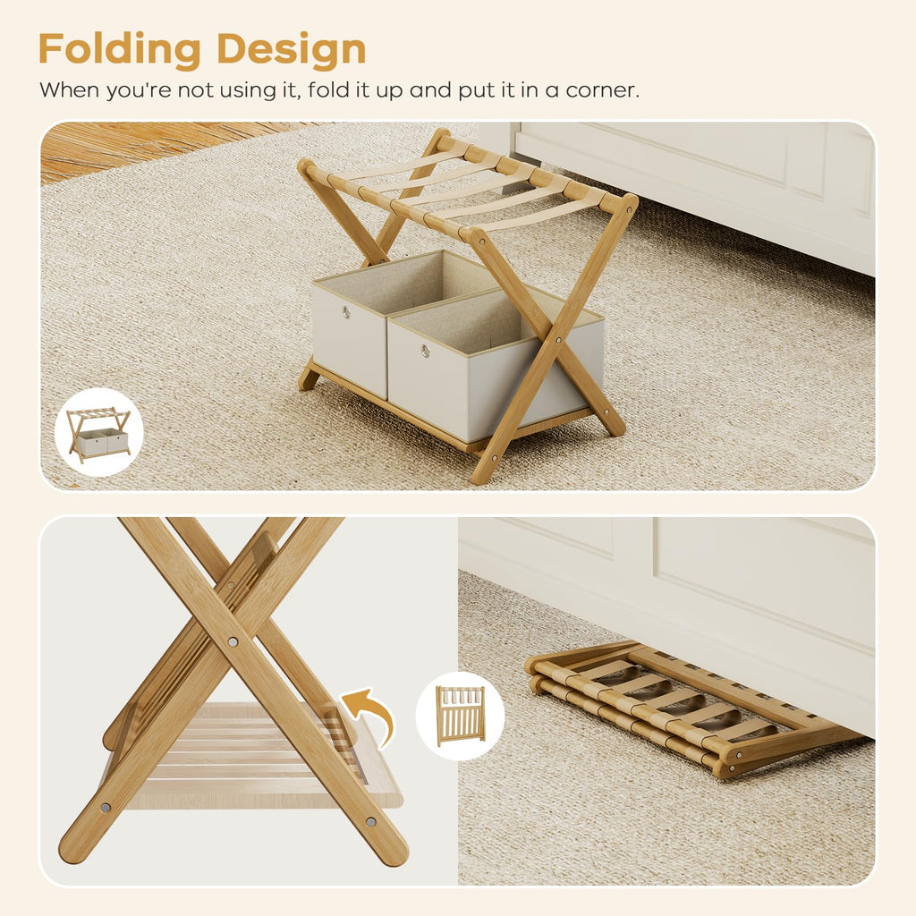 oakvivo Fully Assembled Black Luggage Rack for Guest Room, Bamboo Foldable Suitcase Stand with 5 Nylon Straps, Upgraded Luggage Rack Holder with Shelf for Bedroom Hotel, Holds up to 165 Lbs, 1pcs