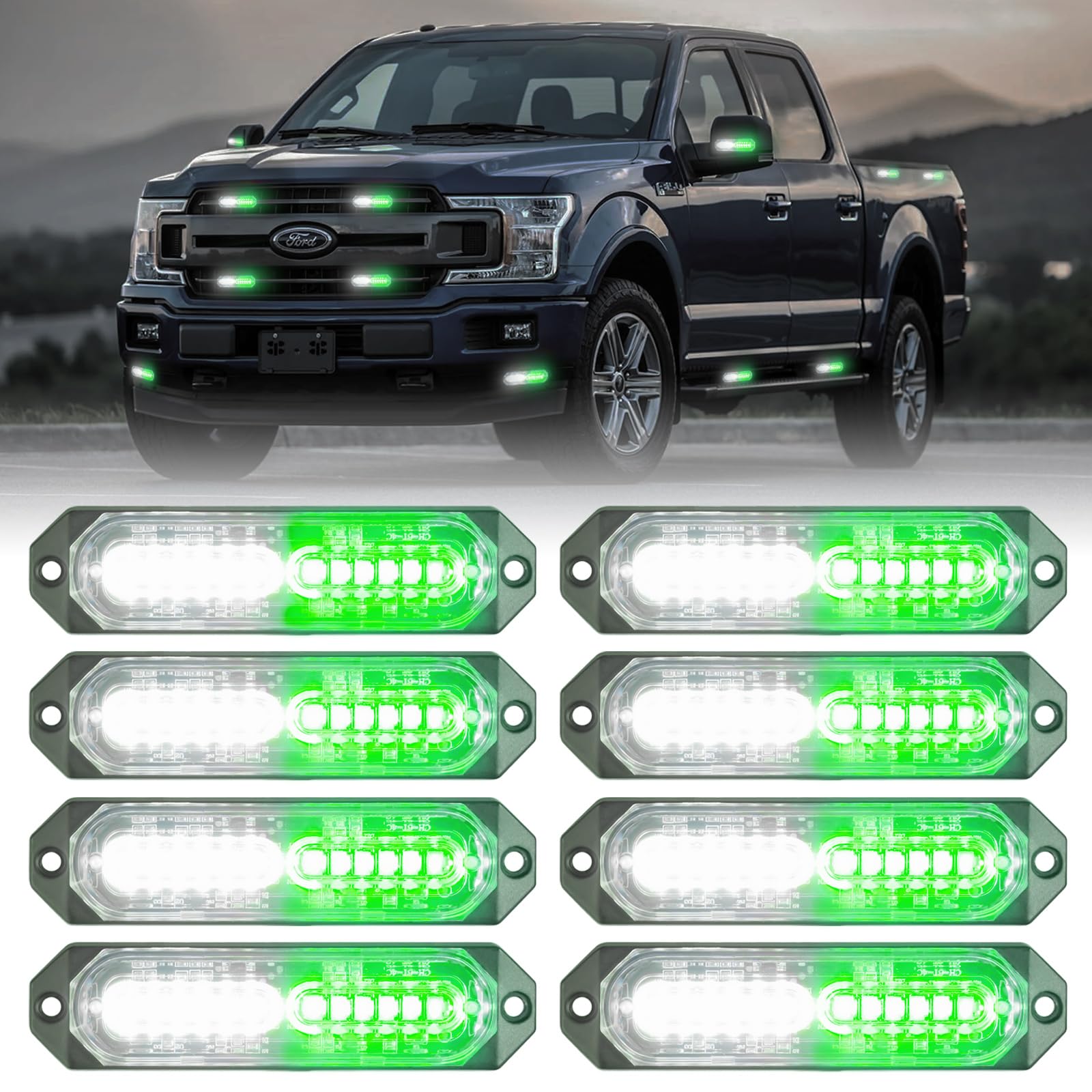 8-Pcs 12 LED Sync Feature Emergency Strobe Grille Lights Ultra Slim Surface Mount Hazard Warning Flashing Light Bar for Firefighter/Construction/Police/Trucks/Vehicles/Car/SUV (Amber/White)