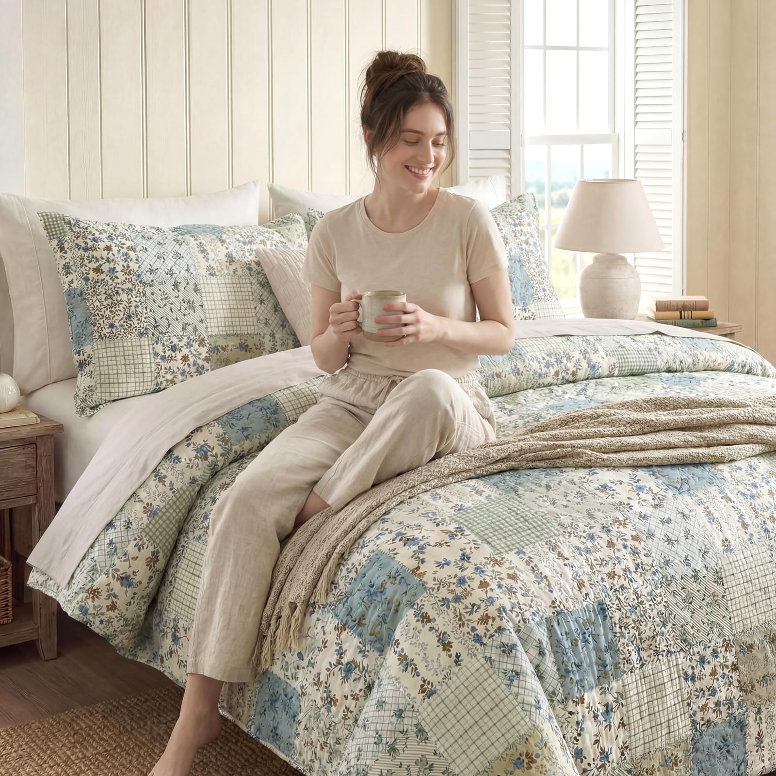 100% Natural Cotton Comforter Set Queen 3 Pcs Grayish Blue Bedding Sets with Luxurious Damask Pattern, Reversible Breathable Soft Comforter Sets for All Season