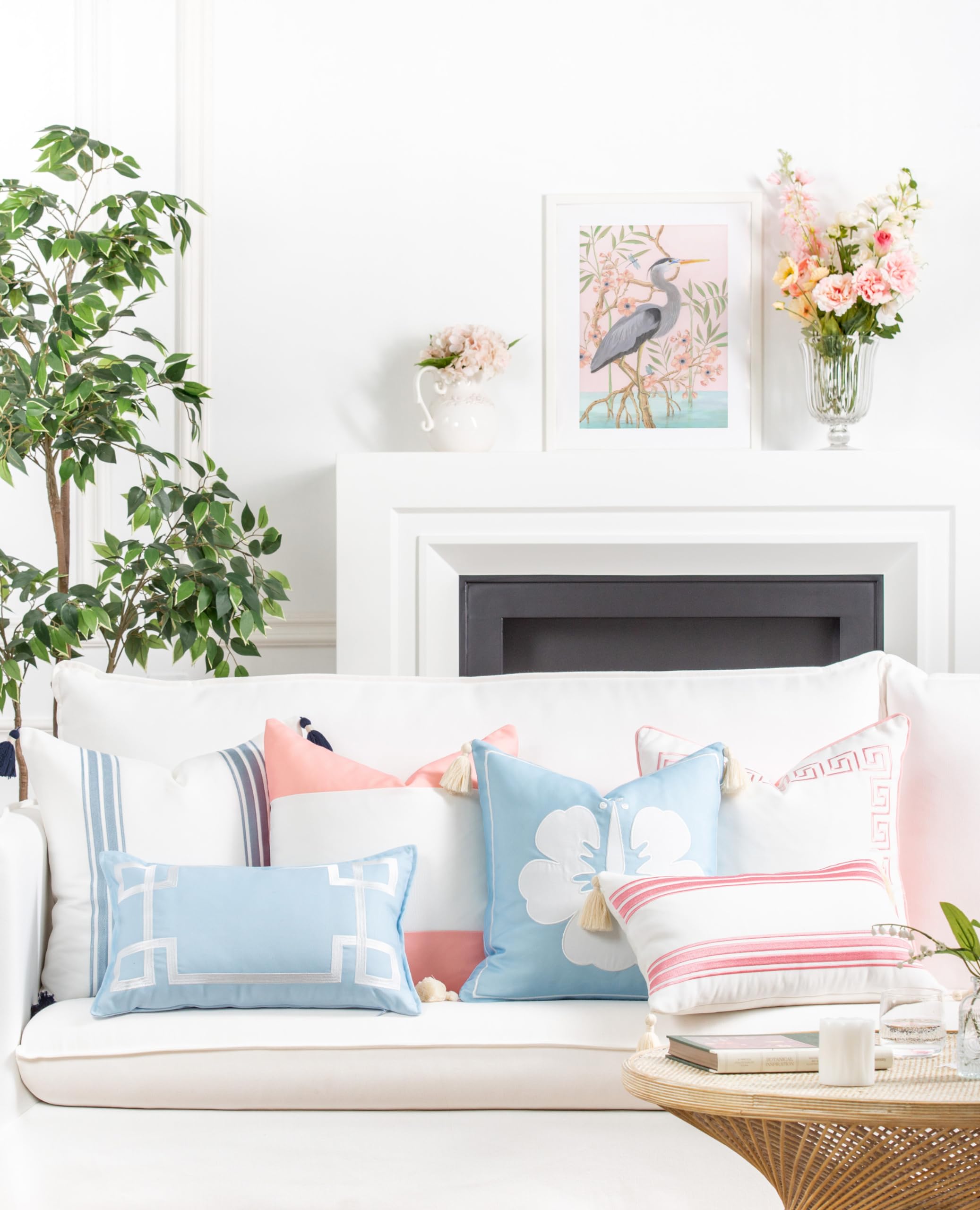 Hofdeco Premium Coastal Patio Indoor Outdoor Lumbar Pillow Cover Only, 12"x20" Water Repellent for Backyard, Couch, Baby Blue Green Floral with Piping