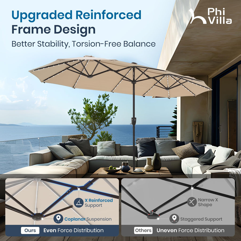 PHI VILLA 13ft Patio Umbrella with Solar-Powered 120 PCS LED Color-Changing Lights, Triple-Head Large Rectangle Umbrella Outdoor Patio for Table with Crank Lift,Beige(No Base)