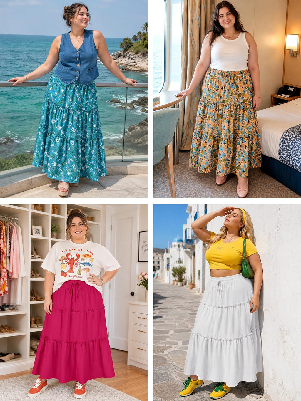 Moon Wood Plus Size Maxi Skirts for Women Trendy Long Flowy Boho Tiered Skirt Renaissance Summer Beach Skirt with Pockets