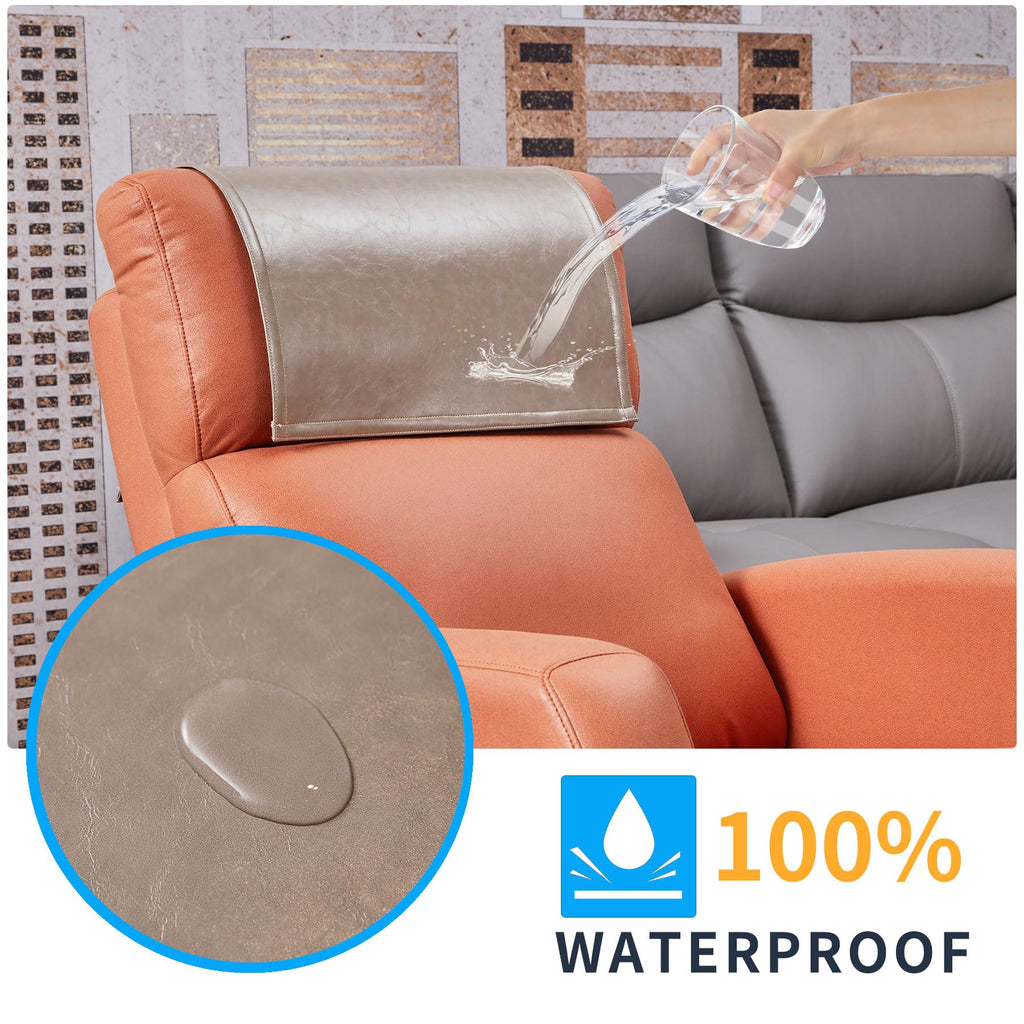 Non Slip Recliner Headrest Protector Washable Faux Leather Headrest Covers for Recliner Chair Waterproof Couch Head Rest Covers for Sofa,Furniture,Office Chair,Theater Seat (Beige)