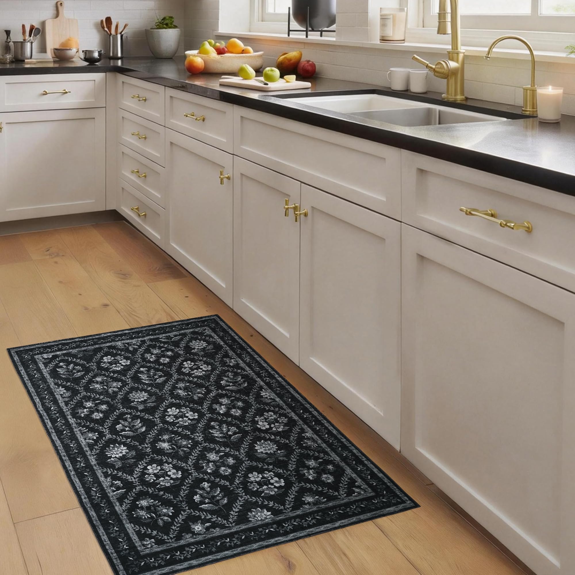 Black Floral Area Rug for Entryway 2x3 Washable Small Rug Low Pile Non Slip Distressed Entry Mat Soft Farmhouse Indoor Entrance Door Mat for Kitchen Bedroom Home Office Black Grey and White