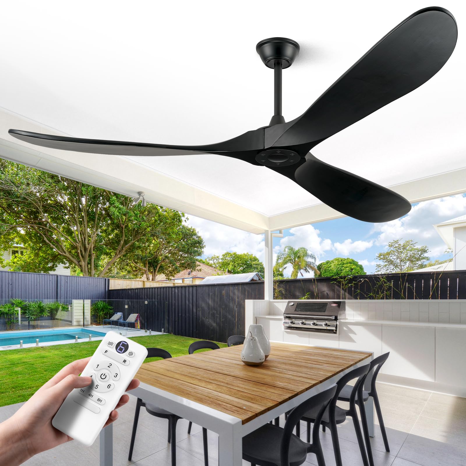ABZ Ceiling Fans without Lights - 52 Inch Modern Ceiling Fans no Lights with Remote Control, Black 3 Blade Solid Wood Indoor Outdoor Ceiling Fans for Patios Living Room Bedroom