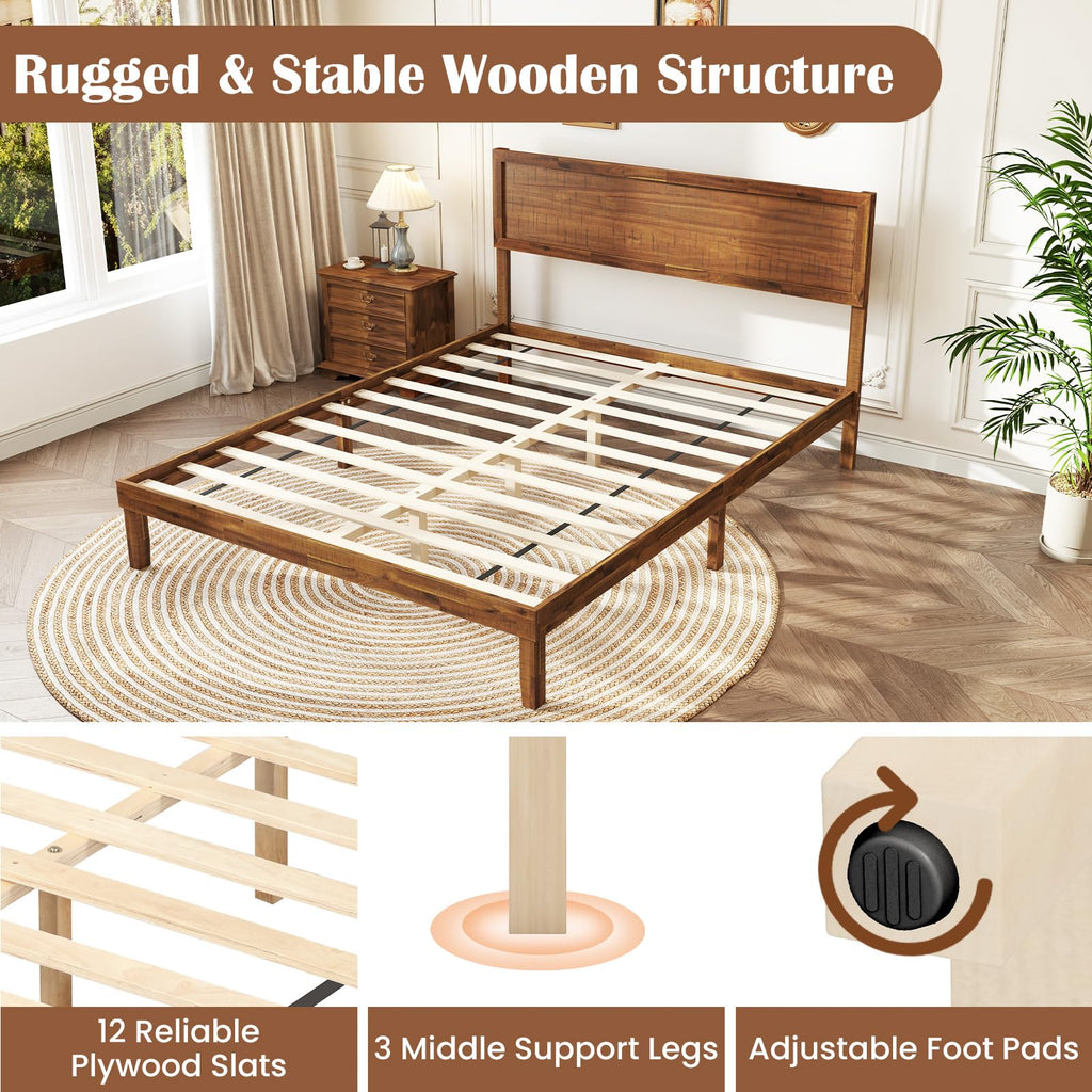 Giantex Wood Twin Bed Frames with Headboard, Solid Acacia Wood Platform Bed with 12 Strong Wooden Slat Support, Scandinavian Style Art Deco Twin Size Bed Frame, No Box Spring Needed, Rustic Brown