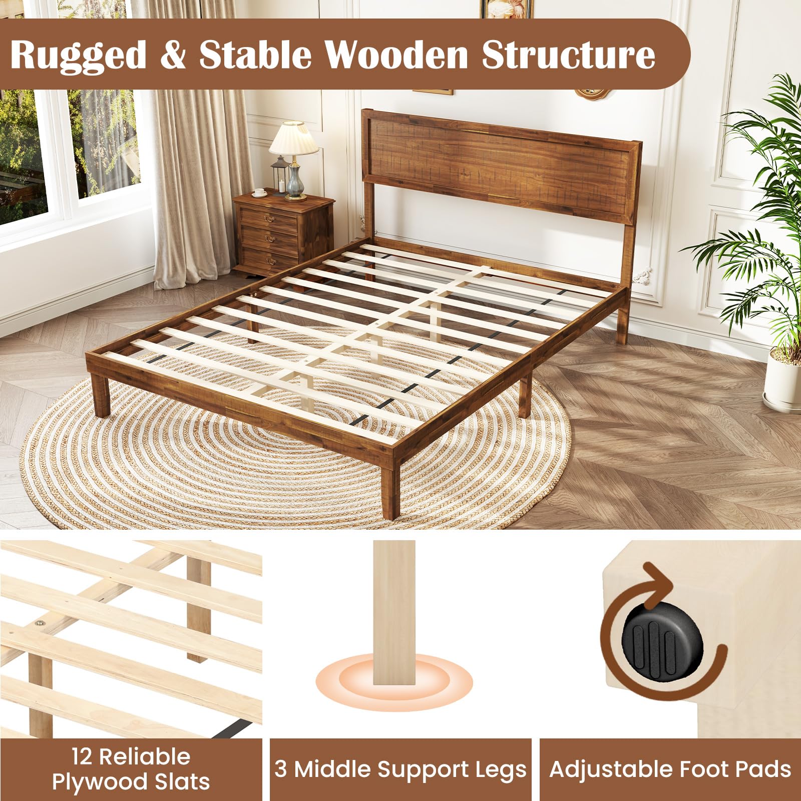 Giantex Wood Twin Bed Frames with Headboard, Solid Acacia Wood Platform Bed with 12 Strong Wooden Slat Support, Scandinavian Style Art Deco Twin Size Bed Frame, No Box Spring Needed, Rustic Brown