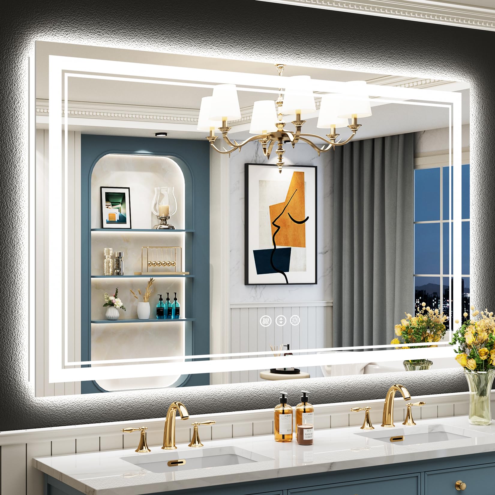 24x32 Black Framed LED Bathroom Mirror with Lights, Backlit and Front Lit Anti-Fog Lighted Vanity Mirrors for Bathroom Wall, Dimmable, 3 Colors, Memory, HD Tempered Glass, Horizontal/Vertical