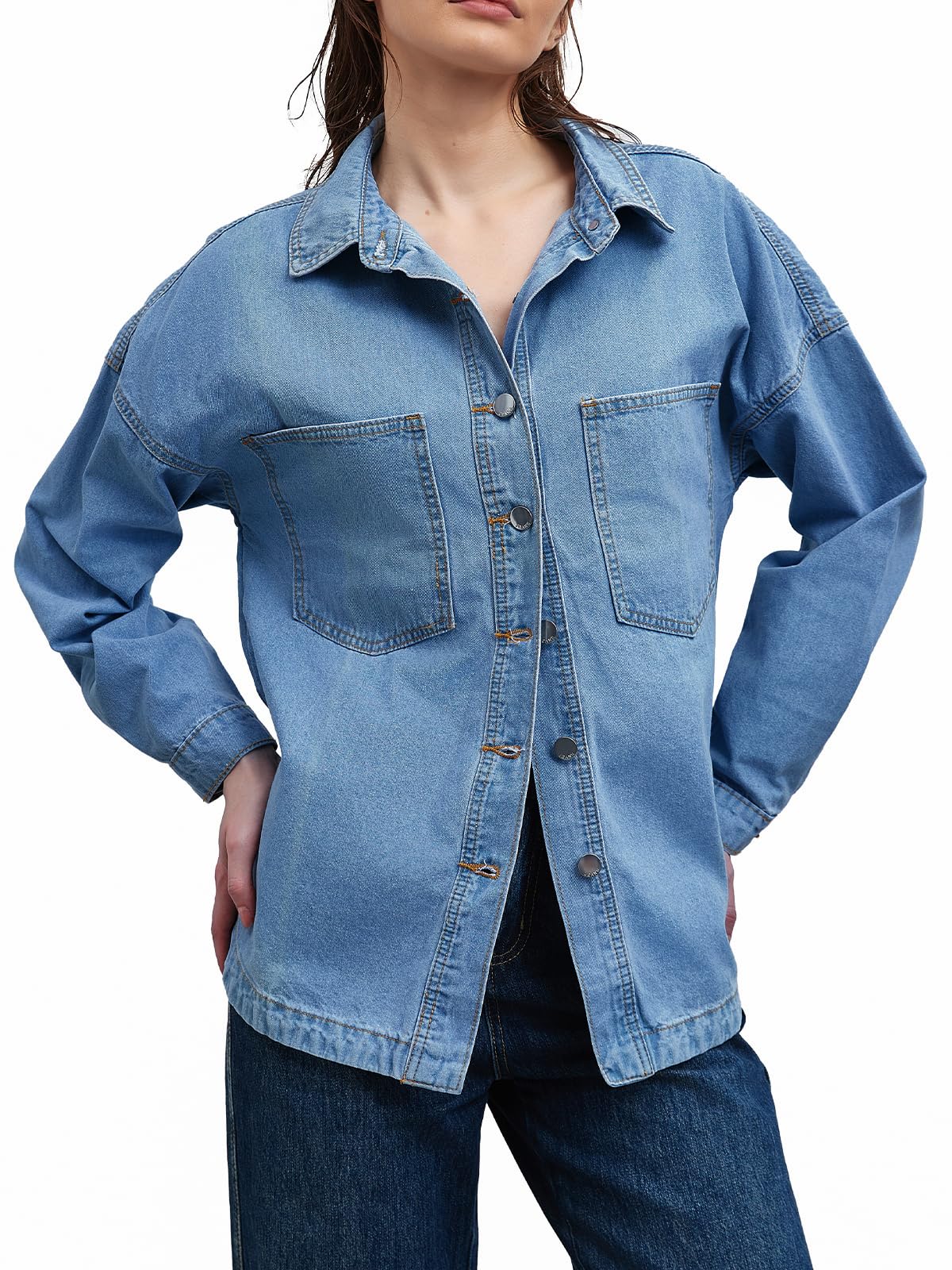 LifeShe Women Denim Shirt Jean Jacket Oversize Button Down Shirt Long Sleeve Jean Tops Trendy Shackets