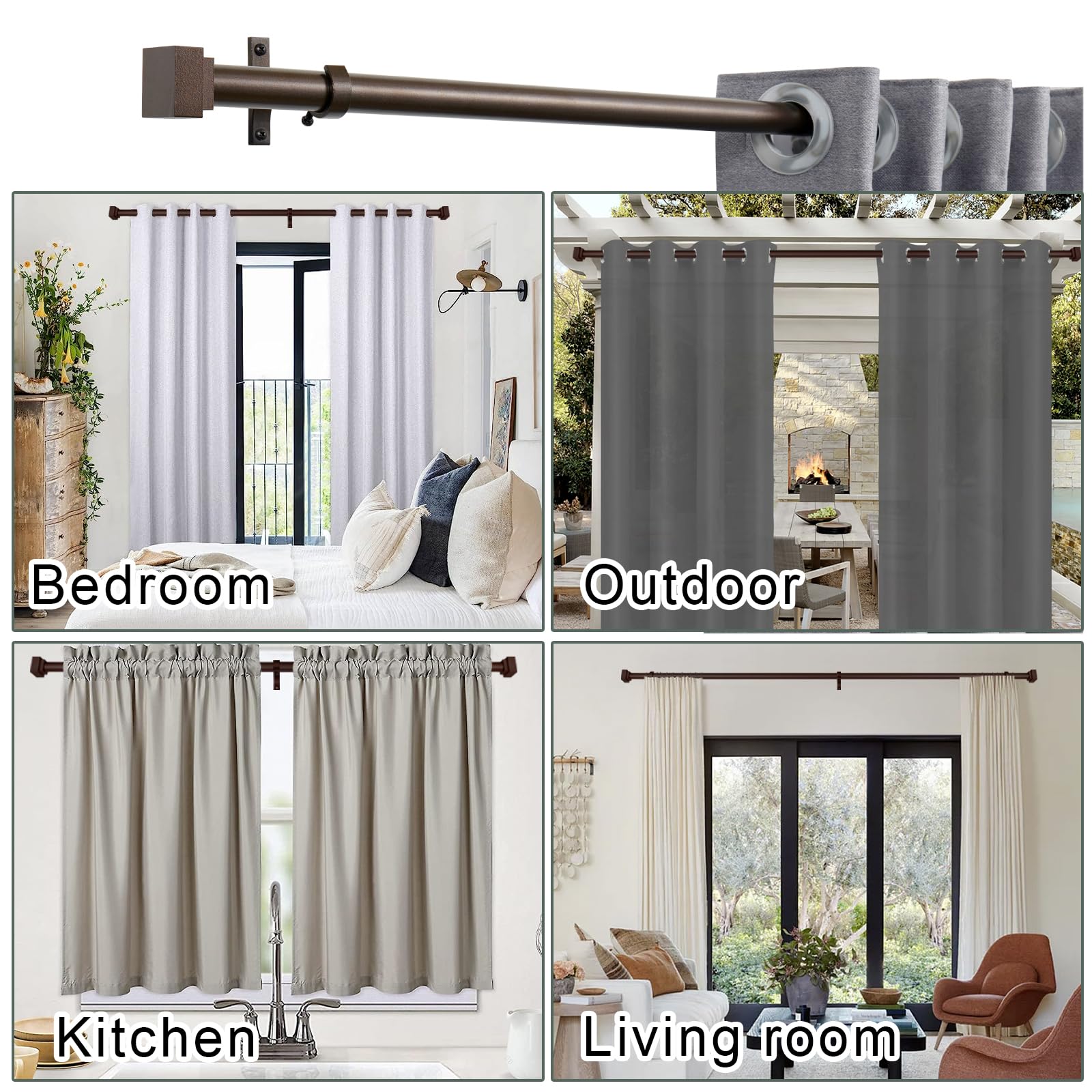 Single Curtain Rods for Windows 28 to 48 Inch(2.3-4ft),1 Inch Diameter Adjustable Heavy Duty Drapery Rods,with Modern Square Aluminum Alloy Finials,Antique Bronze