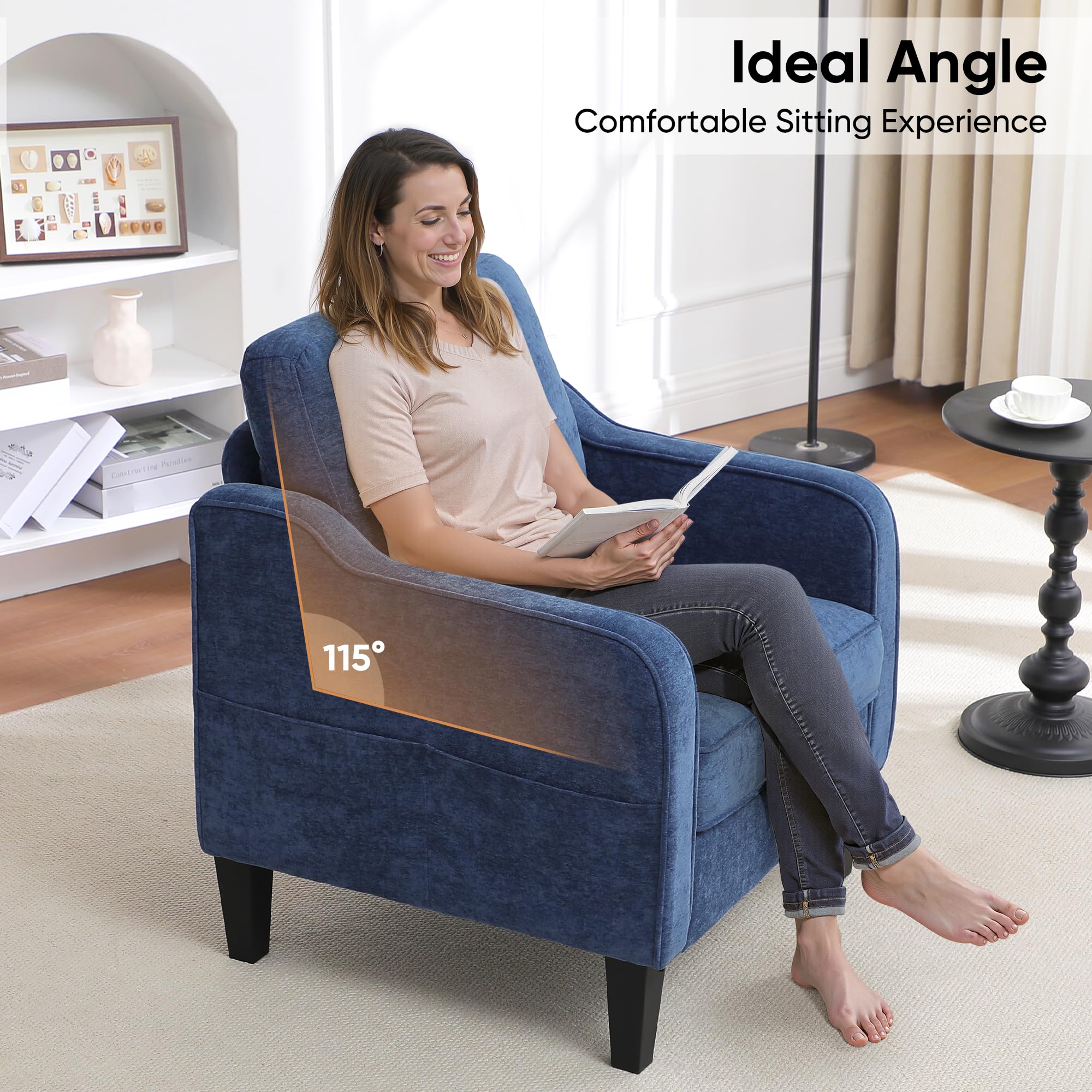 Accent Chair for Living Room, Mid Century Modern Reading Chair for Bedroom, Upholstered Armchair with Side Pockets, Comfy Single Sofa Side Chair for Office, Apartment, Small Room, Beige