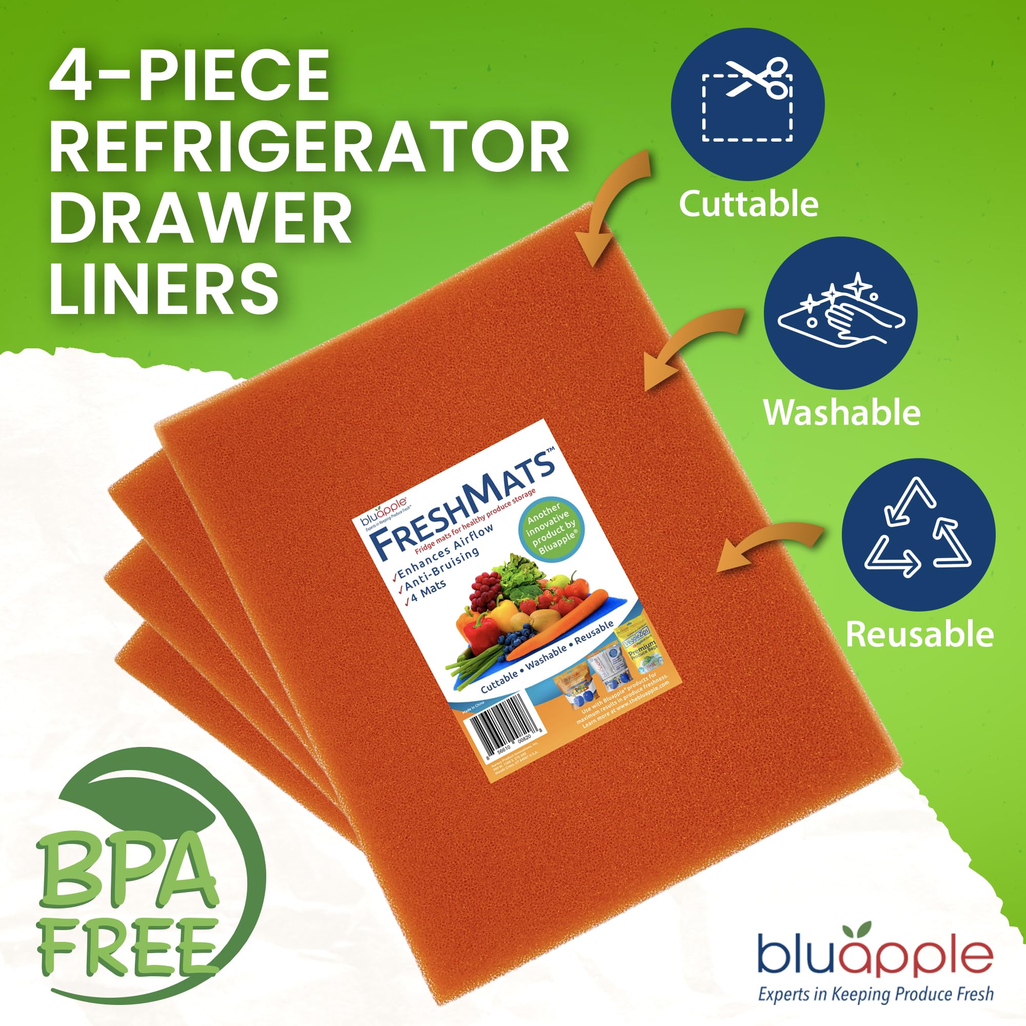 Bluapple FreshMats, Refrigerator Bin Liner, Fridge Drawer Mats, Crisper Life Extender Liner Keeps Produce Fresh Longer, Anti-Bruising, for Air Circulation, Washable & Reusable (4-Mats, 12x15, Black)