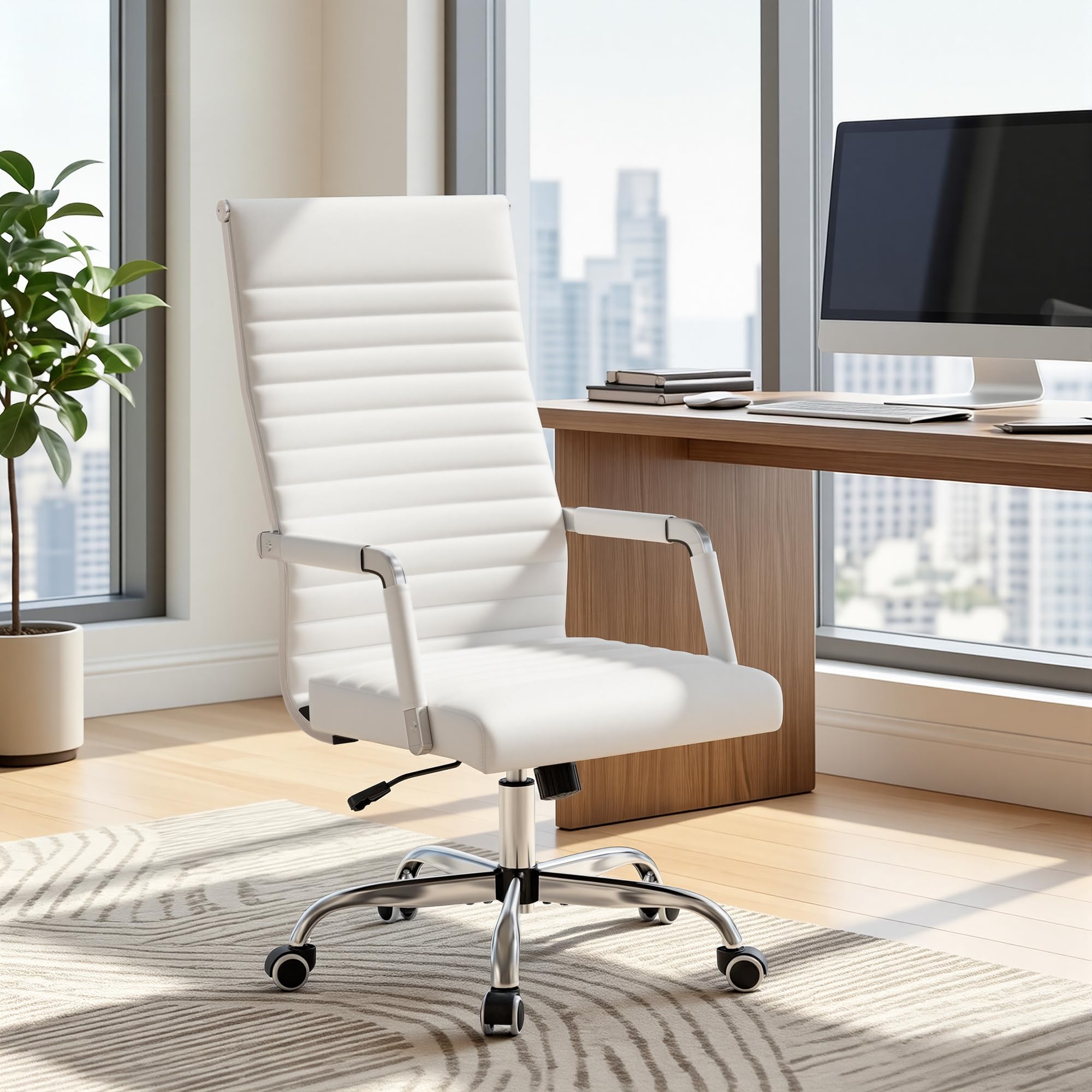 Furmax Ribbed Office Chair High Back PU Leather Executive Conference Chair Adjustable Swivel Chair with Arms (Bicolor Retro Brown)