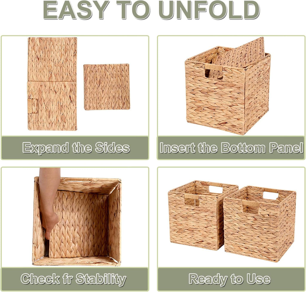 Water Hyacinth Storage Baskets 11x11x11 Inch Wicker Storage Cubes Set of 2Baskets,Handwoven Foldable Wicker Cubes with Sturdy Handles, Rustic Laundry Organizer for Bedroom Shelves, Kitchen, Bathroom