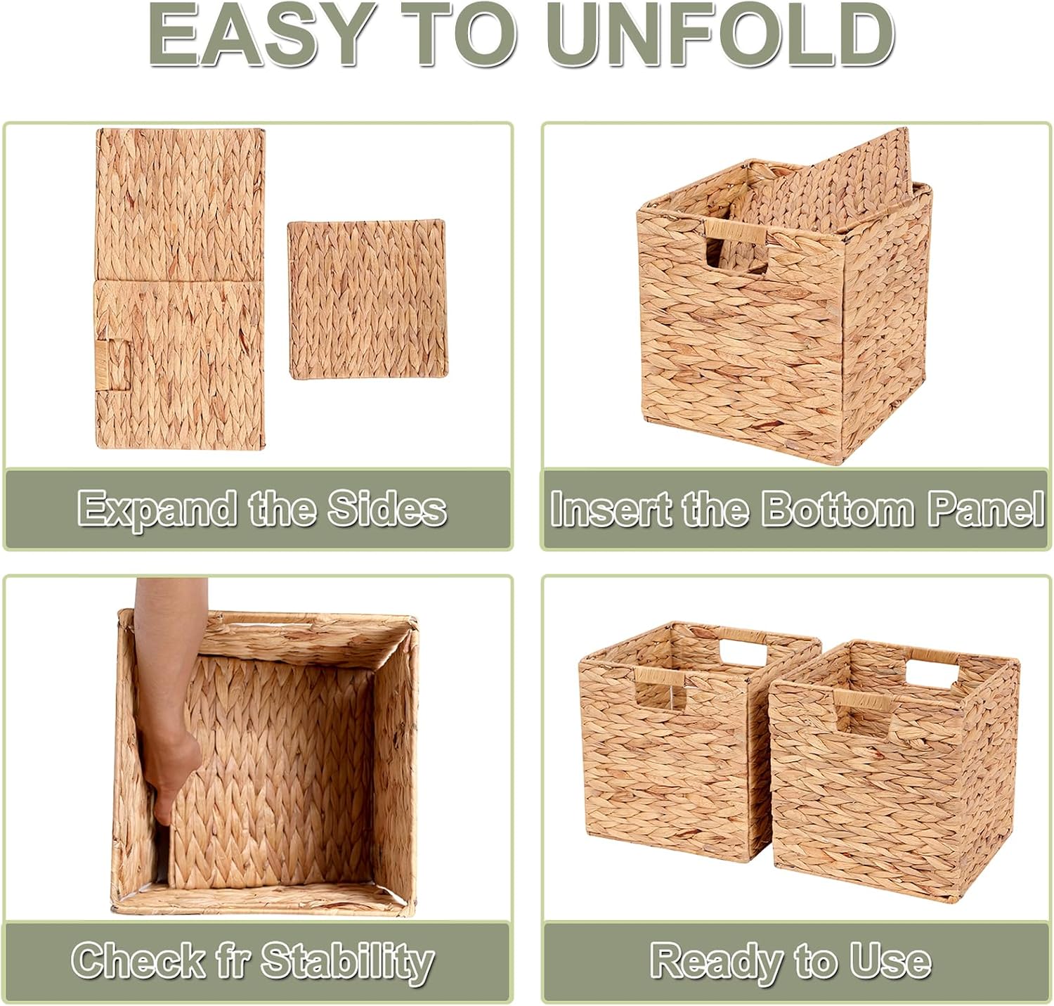 Water Hyacinth Storage Baskets 11x11x11 Inch Wicker Storage Cubes Set of 2Baskets,Handwoven Foldable Wicker Cubes with Sturdy Handles, Rustic Laundry Organizer for Bedroom Shelves, Kitchen, Bathroom