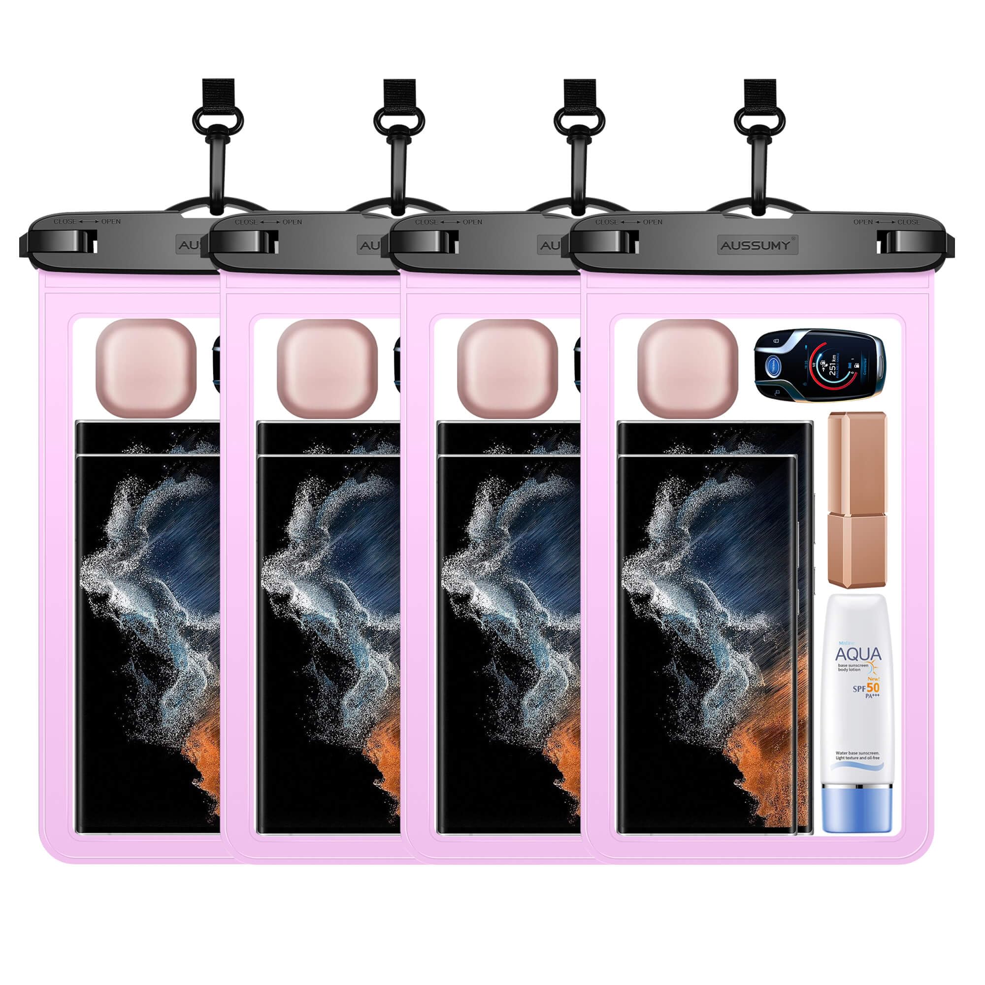 4 Pack 10.5“ Large Waterproof Phone Pouch - Underwater Clear Cell Holder - Universal Water Proof Dry Bag with Neck Lanyard for iPhone 16 Pro Max Samsung Galaxy with Heavy Case for Beach Swimming Pool