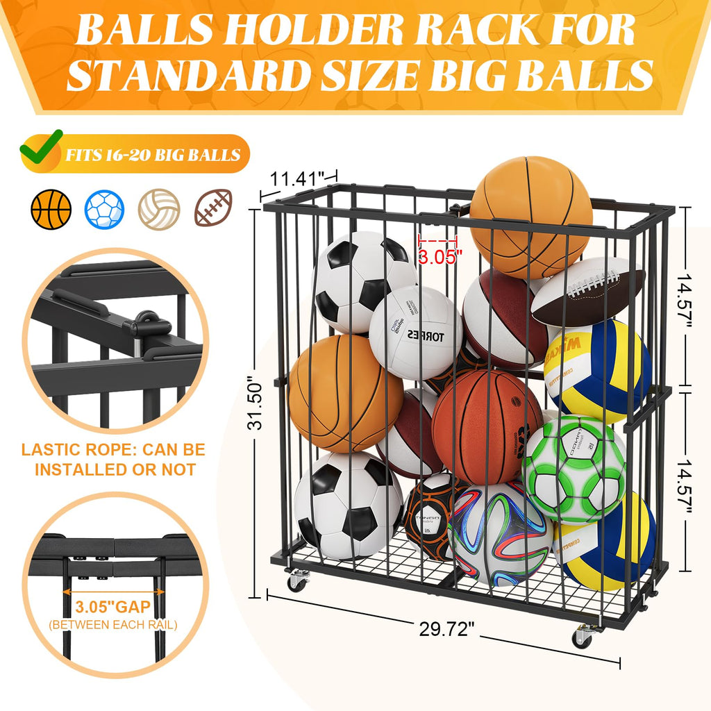 Hencawima Garage Ball Storage: Round Sports Equipment Organizer with Wheels, Sports Ball Rack With Elastic Rope, Ball Holder for Basketball, Soccer, Volleyball, Football, Garage, Gym, Outdoor (Black)