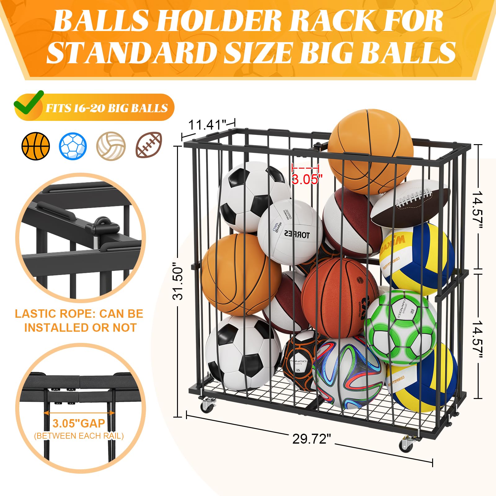 Hencawima Garage Ball Storage: Round Sports Equipment Organizer with Wheels, Sports Ball Rack With Elastic Rope, Ball Holder for Basketball, Soccer, Volleyball, Football, Garage, Gym, Outdoor (Black)