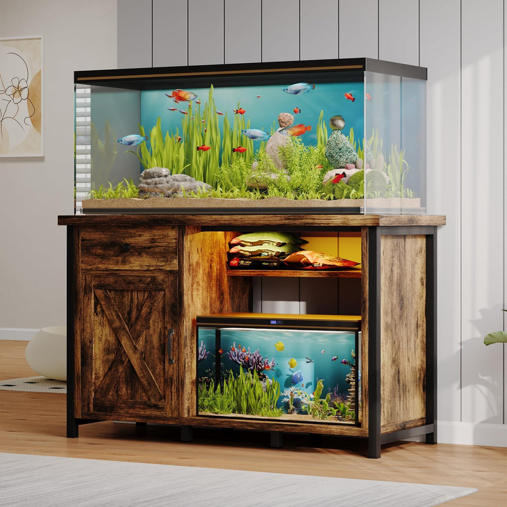4ever2buy 55-75 Gallon Fish Tank Stand with Power Outlets, LED Light, Heavy Duty Aquarium Stand with Cabinet for Fish Tank Accessories Storage, for Turtle Tank, Reptile Terrarium, 1100LBS, Black
