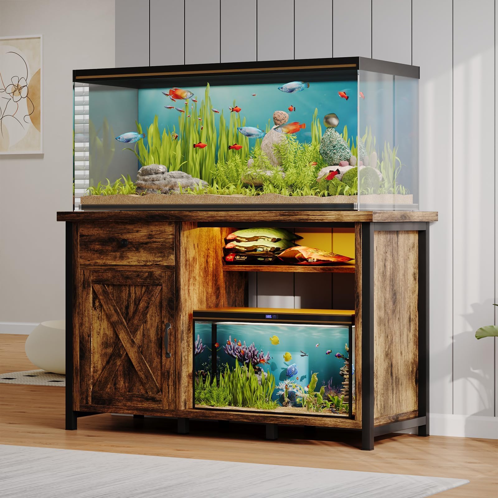 4ever2buy 55-75 Gallon Fish Tank Stand with Power Outlets, LED Light, Heavy Duty Aquarium Stand with Cabinet for Fish Tank Accessories Storage, for Turtle Tank, Reptile Terrarium, 1100LBS, Black