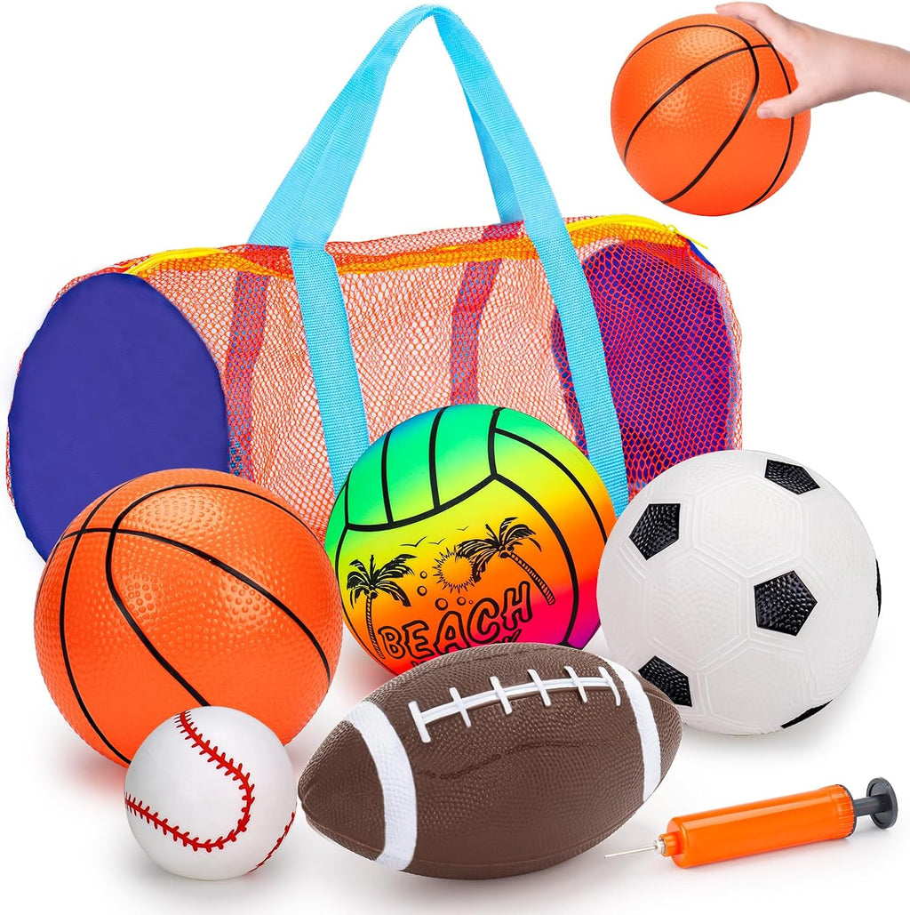 5 Pack Sports Balls for Toddlers 1-3 Outdoor Toys Football Soccer Basketball Baseball with Bag 1 2 Year Old Boy Toys Sport Bouncy Pool Balls Outside Playground Toddler 1-3 2-4 3-5 Birthday Boys Gifts
