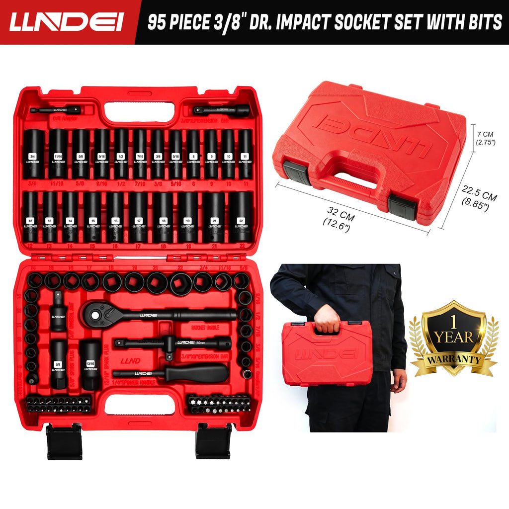 LLNDEI 1/2 inch Drive Deep Impact Socket Set, 37 Piece Standard SAE 3/8" to 1-1/4" | Metric 8 to 24mm, Includes Spark Plug Socket (16, 21mm), CR-MO Universal Joint, Extension Bars and Adapter