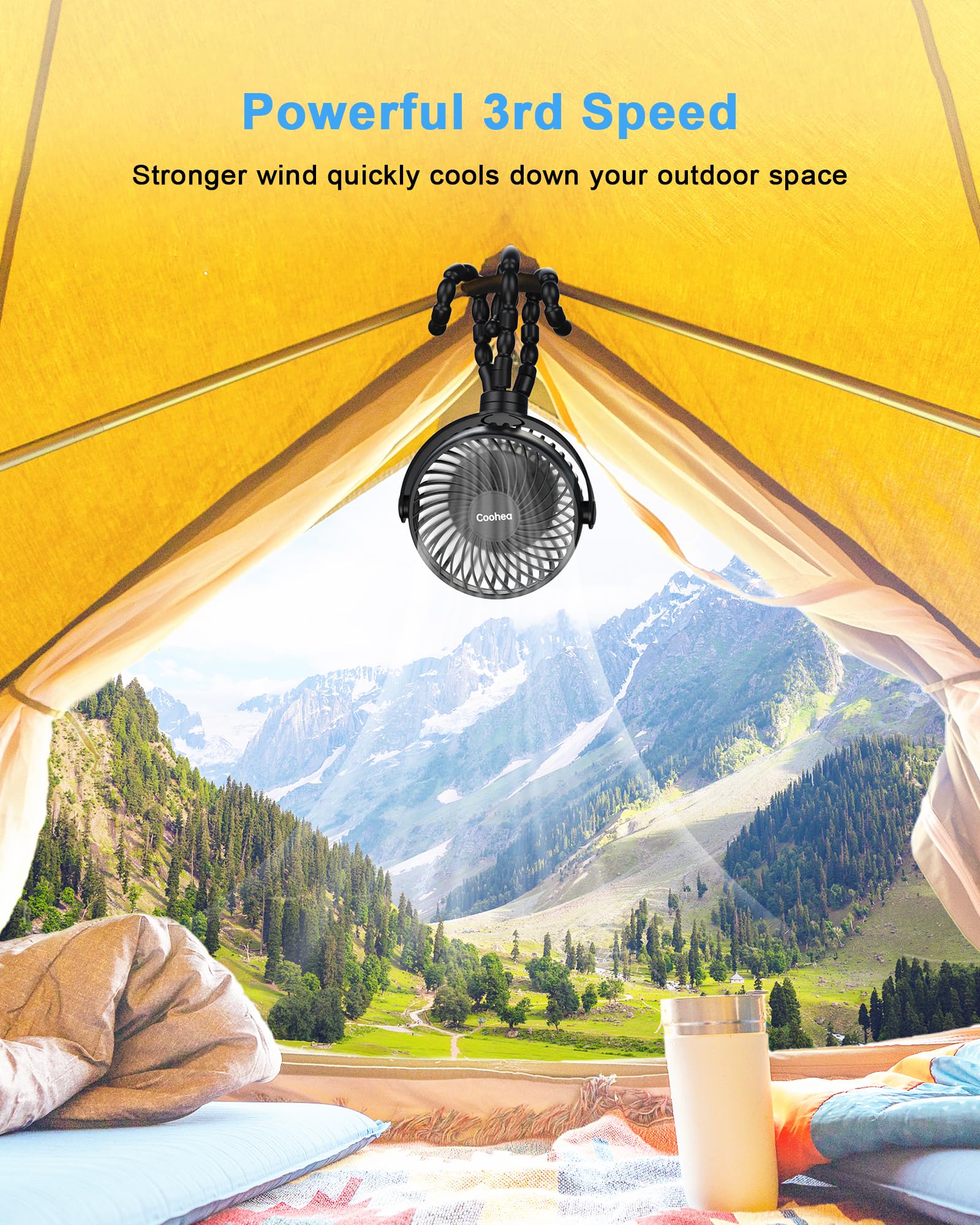 Coohea Stroller Fan Clip on for Baby, 4000mAh Rechargeable Battery Operated, Flexible Tripod, 3 Wind Speed, 360° Rotatable, Small Cooling Portable Fan for Car Seat Crib Golf Cart Bike Treadmill, Black