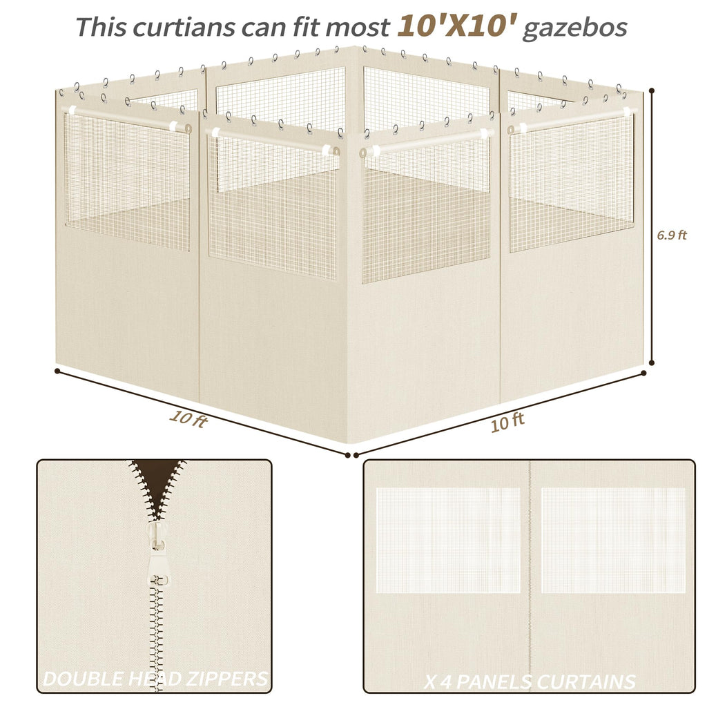Gazebo Privacy Curtains 10' x 10' with Mosquito Windows, 4-Panels Side Wall with Zipper Universal Replacement for Patio, Outdoor Canopy, Garden and Backyard, Gray (Curtain Only)