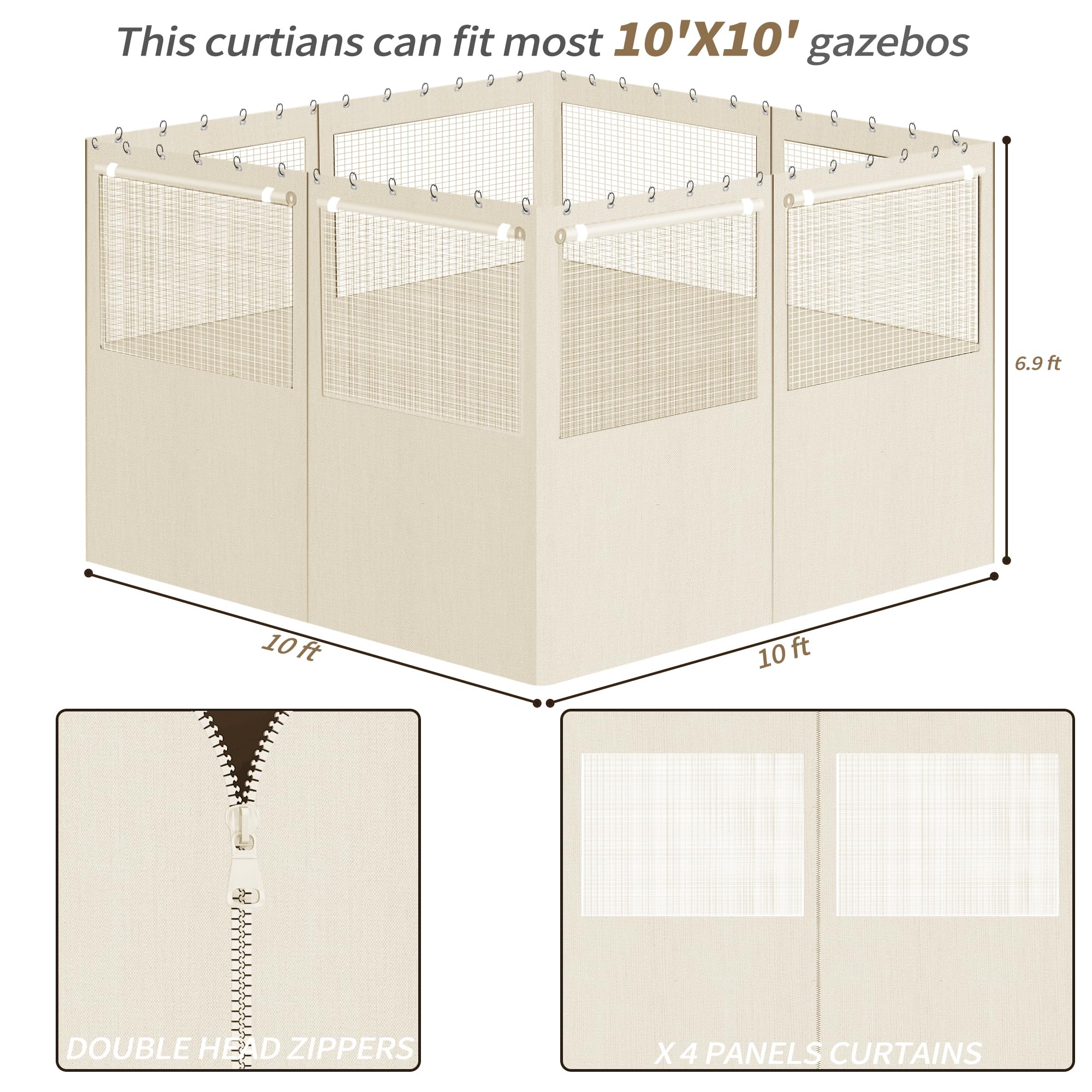 Gazebo Privacy Curtains 10' x 10' with Mosquito Windows, 4-Panels Side Wall with Zipper Universal Replacement for Patio, Outdoor Canopy, Garden and Backyard, Gray (Curtain Only)