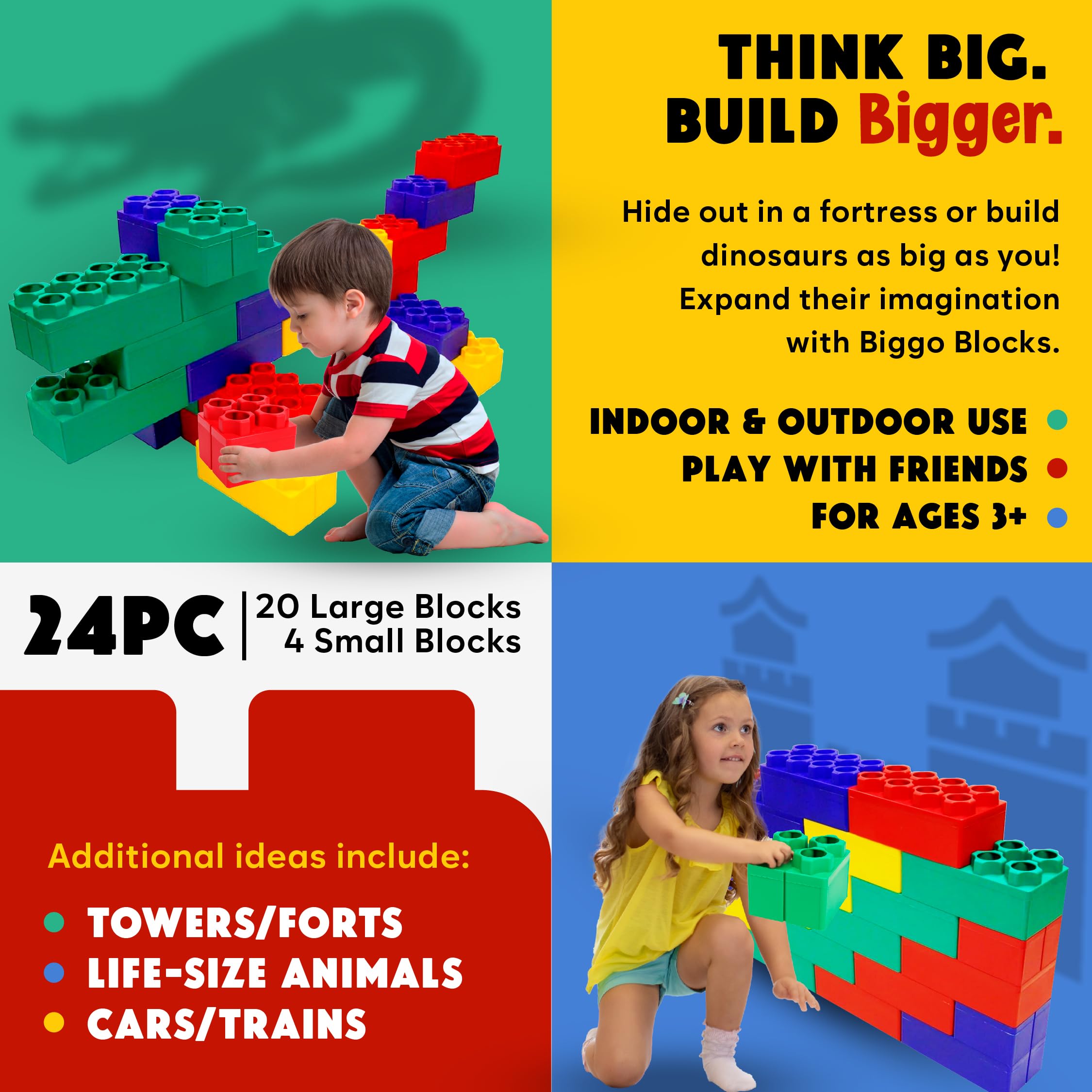 BiggoBlocks Large Building Blocks for Kids Ages 3-8 – 288 Piece Mega Set – Indoor & Outdoor STEM Toy for Boys & Girls