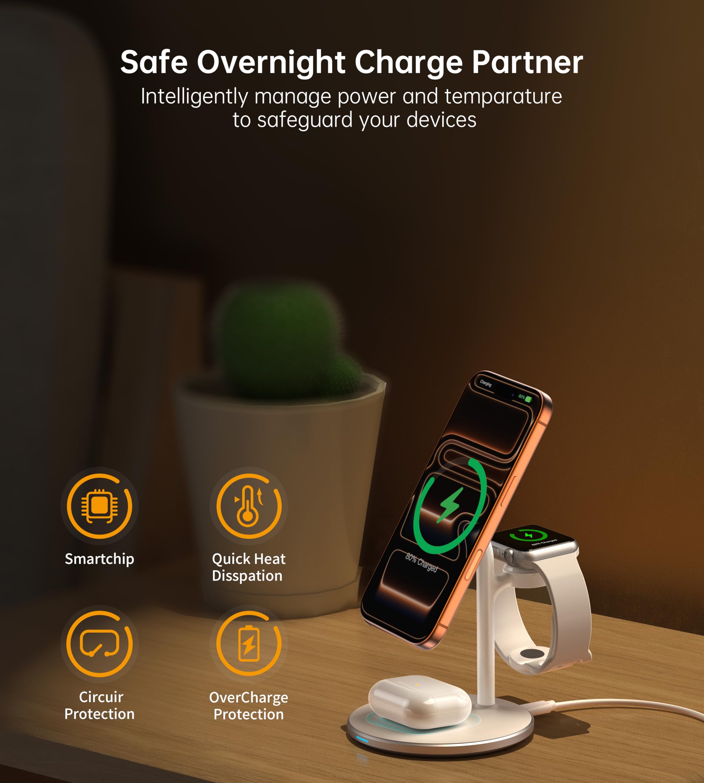 XooFly 3 in 1 Wireless Charging Station for Apple Devices, Fast Wireless Mag-Safe Charger Stand with 20W Adapter for iPhone 17/16 15 14 13 12 Pro Max/Pro/Plus/Air/Mini, iWatch, AirPods (Black)