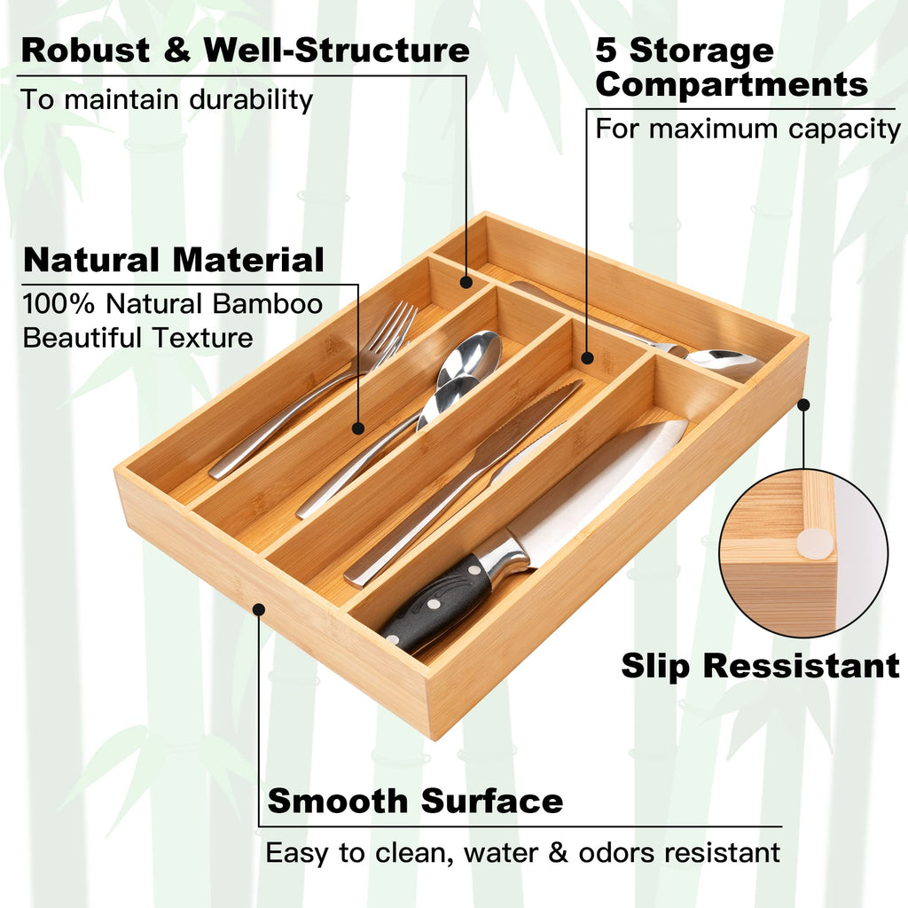 Acacia 4 Slot Silverware Drawer Organizer - Cutlery Holder with Flatware Tray