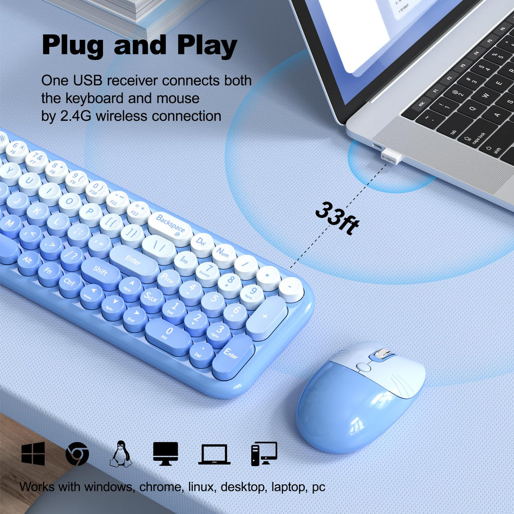 MOFII Wireless Keyboard and Mouse Combo, Compact Typewriter Retro Round Computer Keyboard and Mouse Set, Plug and Play, for Windows, Computer, Desktop, PC, Notebook - Black Green Gradient