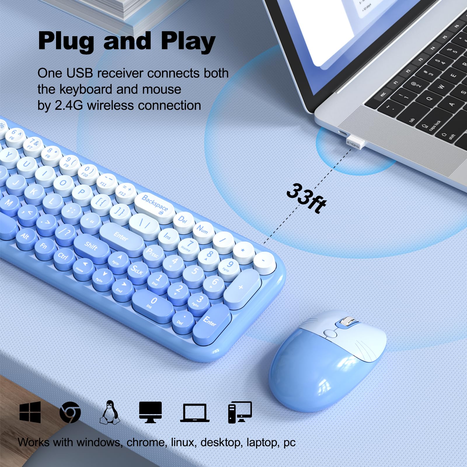 MOFII Wireless Keyboard and Mouse Combo, Compact Typewriter Retro Round Computer Keyboard and Mouse Set, Plug and Play, for Windows, Computer, Desktop, PC, Notebook - Black Green Gradient