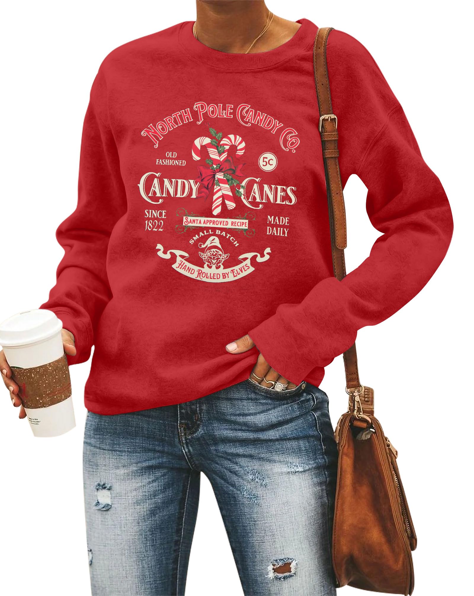 Christmas Sweatshirts Women Candy Canes Graphic Sweatshirt Vintage Xmas Long Sleeve Shirt Pullover Tops