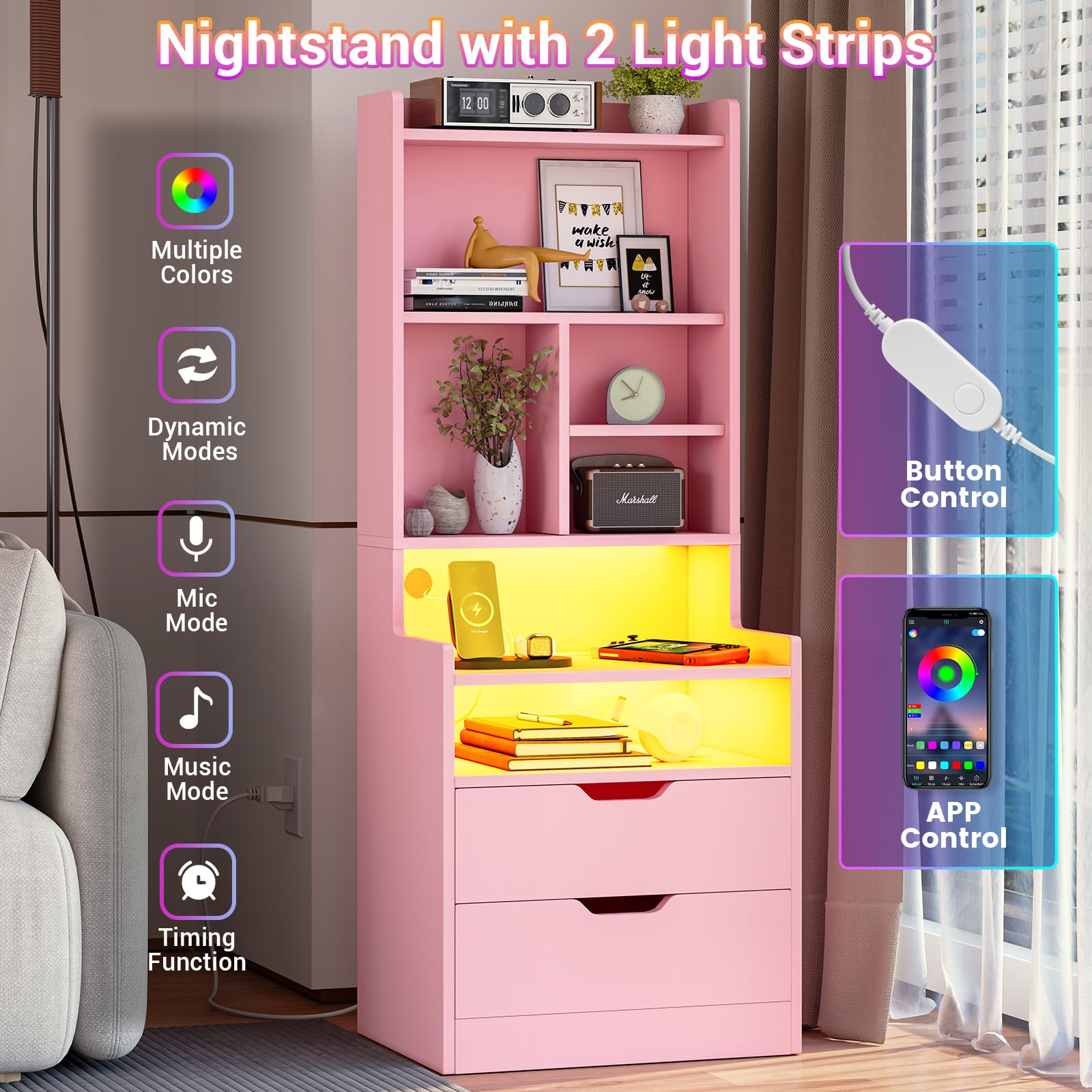BTHFST Tall Nightstand with LED Lights and Charging Station, LED Black Nightstand with Shelves and 2 Drawers, Bedside Table with Bookshelf, Tall Side End Table with Storage