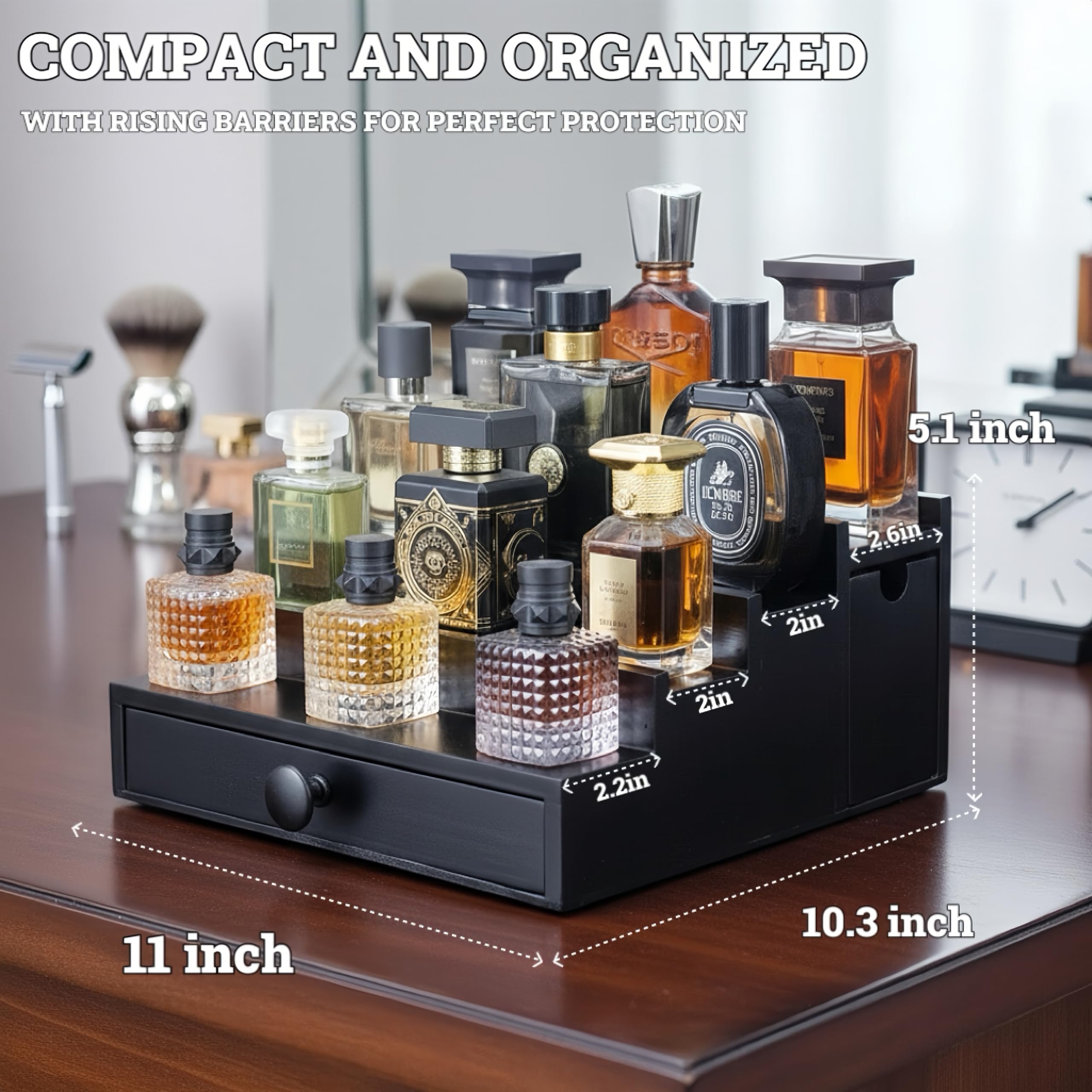 Wooden Cologne Organizer for Men 3 Tier | Black Perfume Holder Shelf for Dresser | High Grade Velvet Lining and Stylish Gift Box | Uncluttered Design Perfume Display Stand