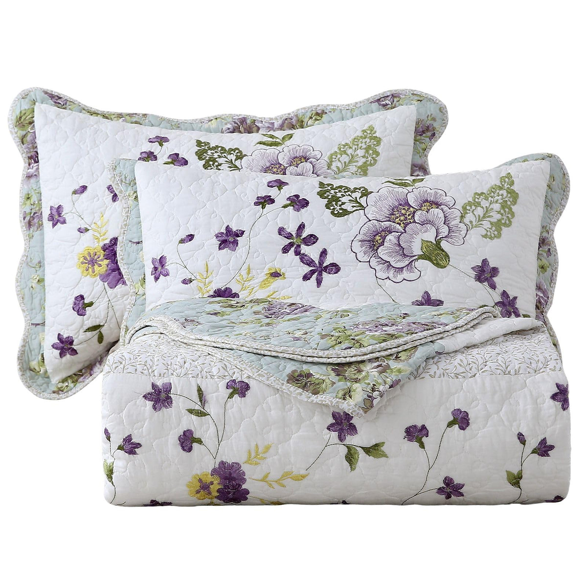 vctops 3-Piece Floral Embroidered Bedspread Coverlet Set Twin Size 100% Cotton Reversible Patchwork 1 Quilt and 2 Pillow Shams (Flower,Twin)