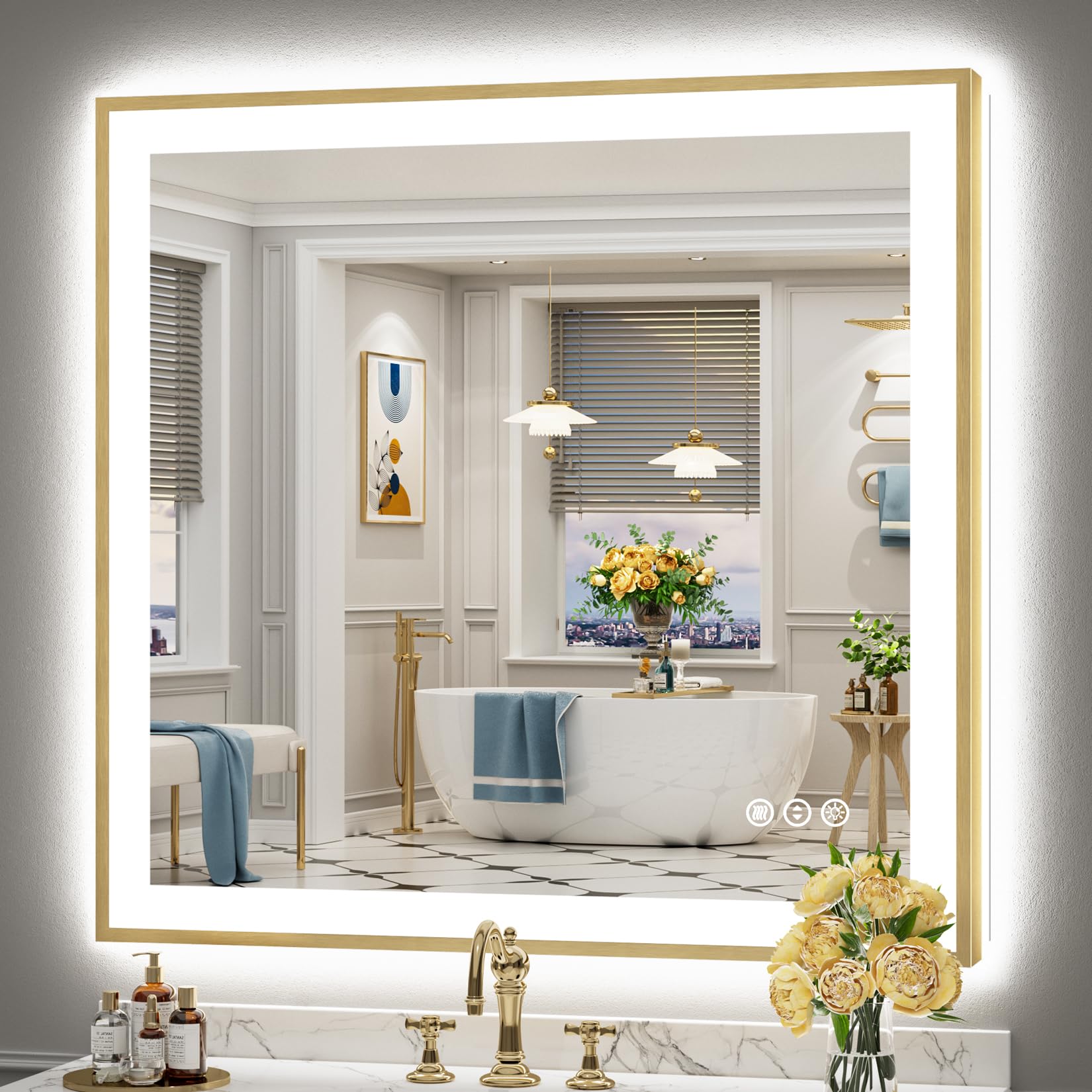 24x36 Gold Beveled LED Bathroom Mirror with Lights, Brushed Gold Framed Backlit and Front Lit Anti-Fog Lighted Vanity Mirrors for Bathroom Wall, Dimmable, 3 Colors, Memory, HD Tempered Glass