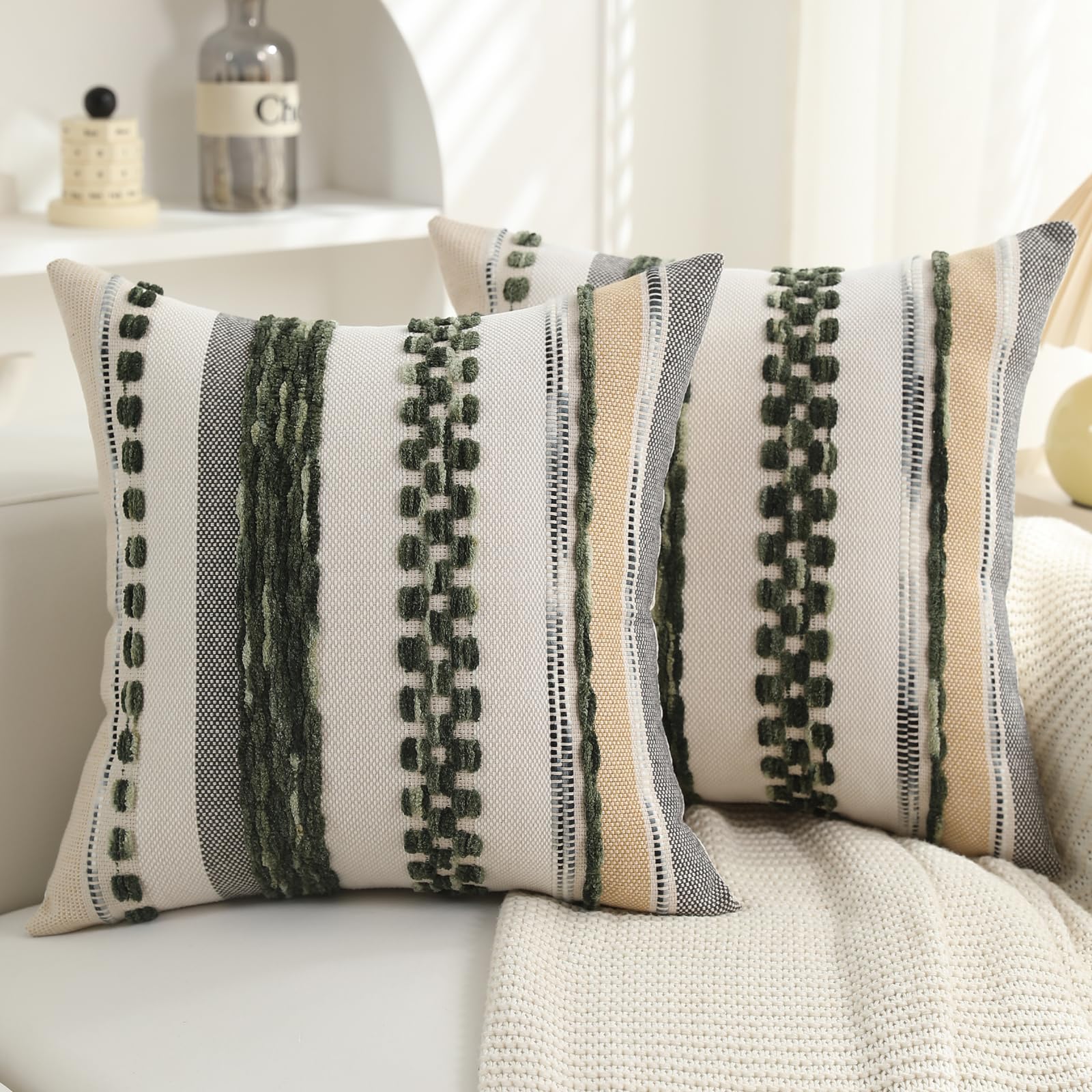 Boho Pillow Covers 18x18 Set of 2 for Couch-Modern Farmhouse Sofa Decorative Throw Pillow Covers Textured Chenille Cushion Covers Outdoor Netural Bohemian Pillow Cases Square
