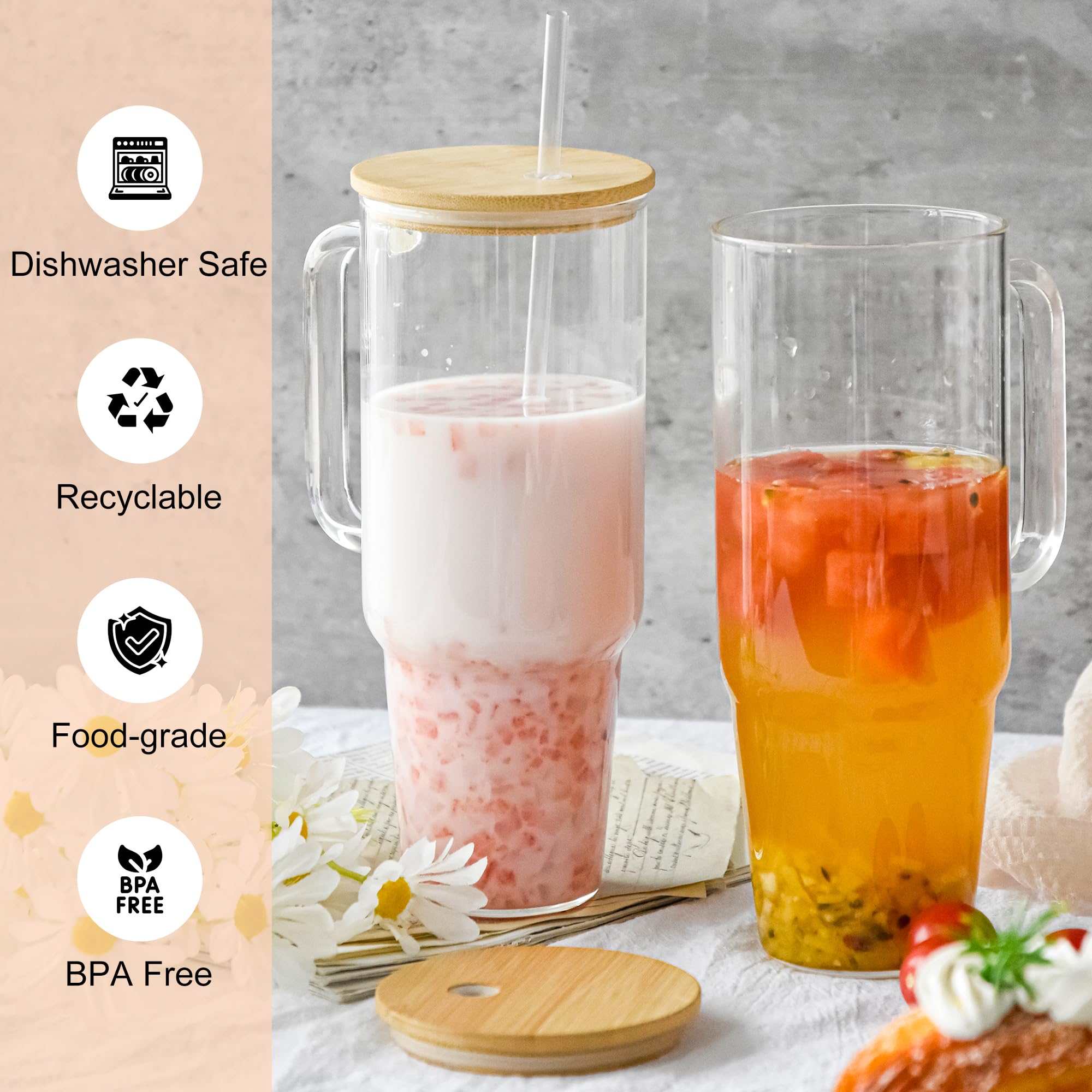 40 oz Glass Tumbler with Handle 12 Pack Glass Tumbler with Straw and Lid Clear Reusable Iced Coffee Cup, Fits Car Cup Holder, BPA Free, for Boba Tea, Juice, Smoothie, Beer(Sublimatable)