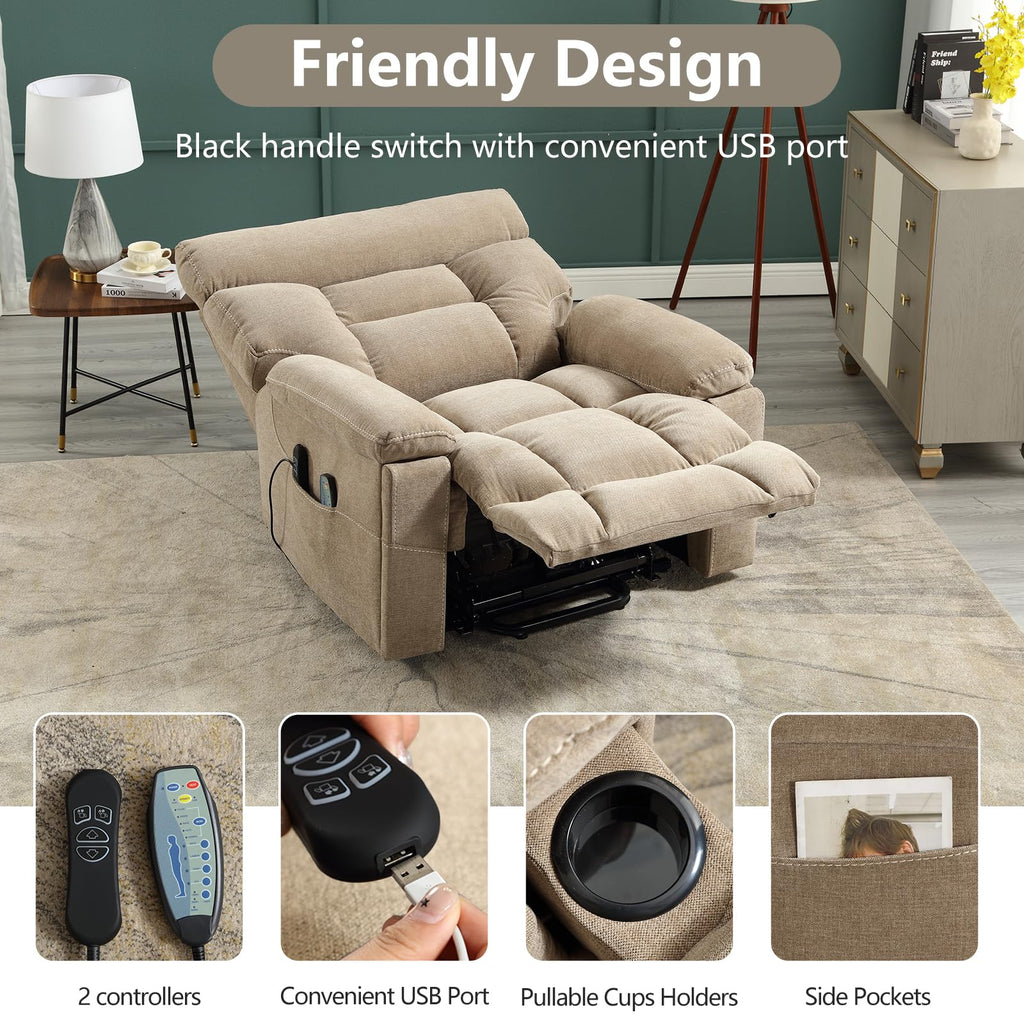CANMOV Dual Motor Power Lift Recliner Chair for Elderly, 27" Extra-Wide Seat 450 lbs Weight Capacity Infinite Position Adjustment, with Heated Massage, Cup Holders and USB Port, Camel Fabric