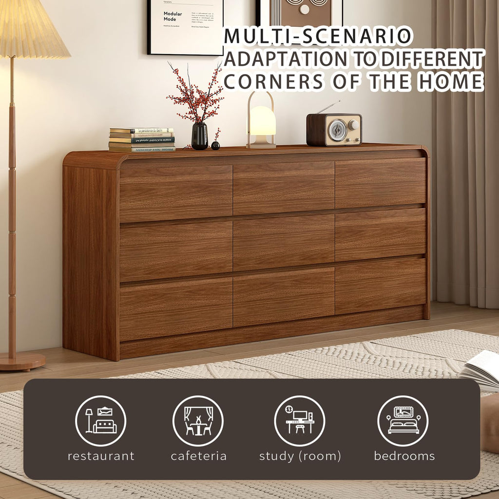 Messenya Modern 6 Drawer Dresser, 47-Inch Wood Chest of Drawers, Curved Anti-Collision Design, Mid-Century Storage Cabinet, Pre-Embedded Slots, for Bedroom, Living Room, TV Stand, Nursery