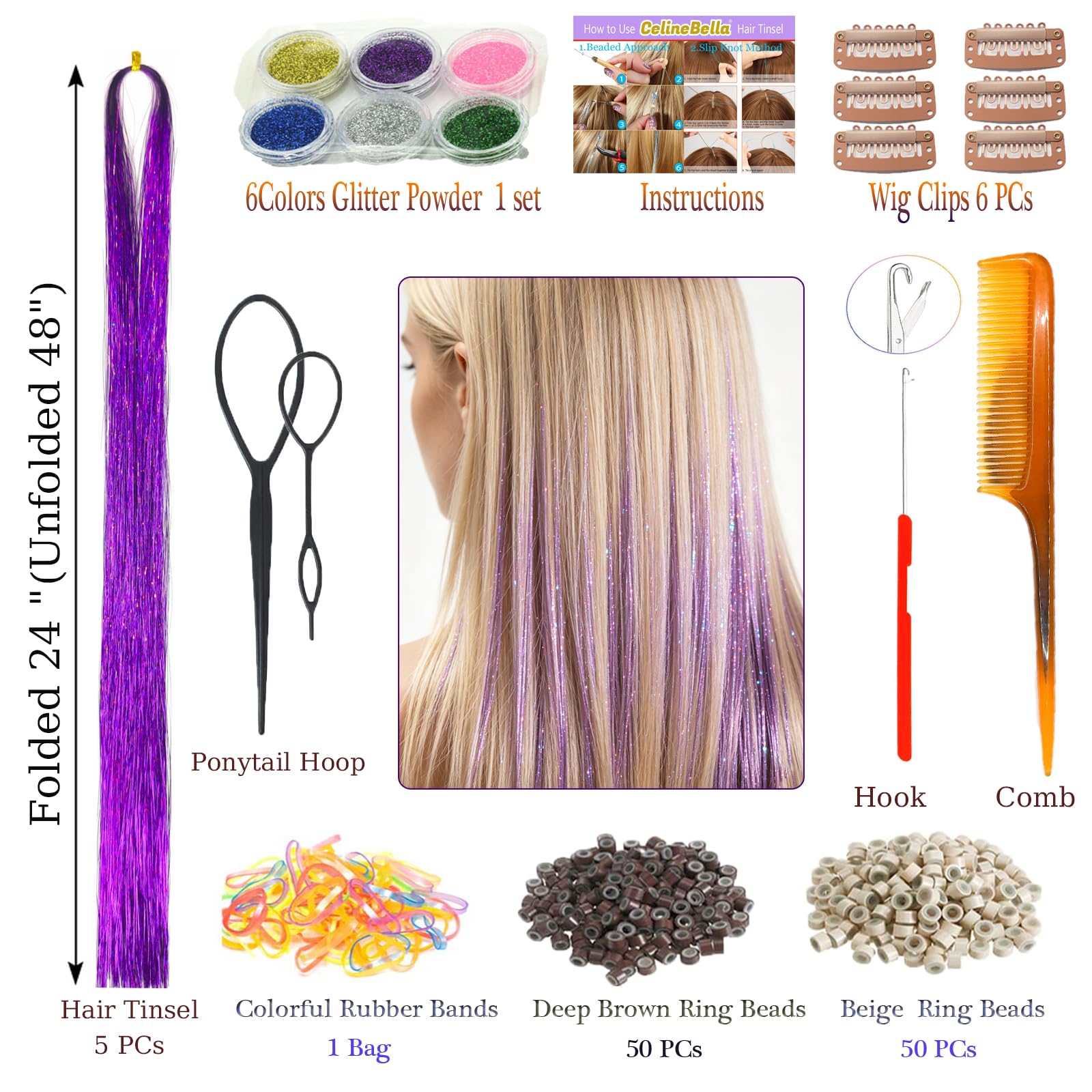 Celinebella Bubblegum Pink Hair Tinsel, 48" 1250 Strands Bright Shimmer | Vibrant hot pink bubblegum tone, youthful energetic, heat resistant, great for prom concerts birthday parties events