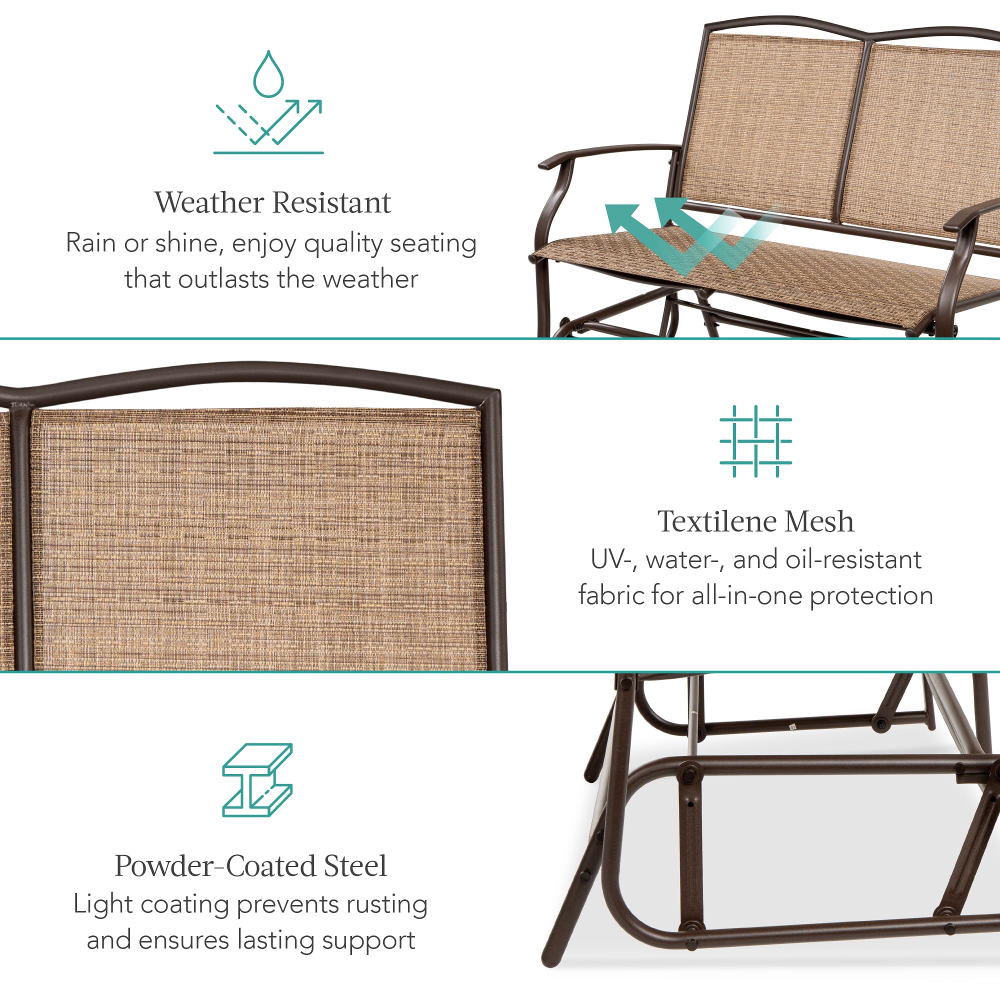 Best Choice Products 2-Person Outdoor Patio Swing Glider Steel Bench Loveseat Rocker for Deck, Porch w/Textilene Fabric, Steel Frame - Black
