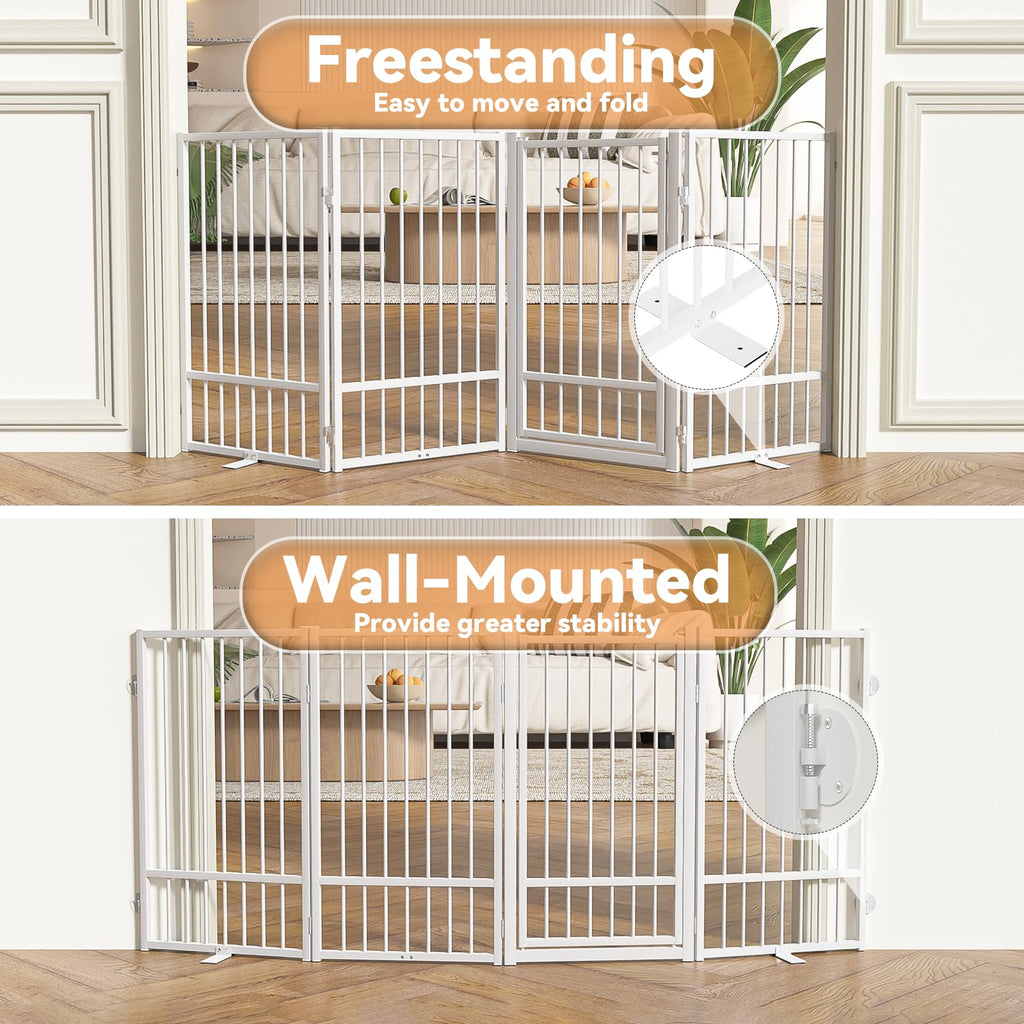 SNUOWU Full Metal Freestanding Dog Gate with Door, 24'' Height Foldable Pet Dog Fence for Indoor & Outdoor, 2 Panels Extra Wide Free Standing SmallDog Gates for Doorways,House,Stairs,Porch,Deck,Yard
