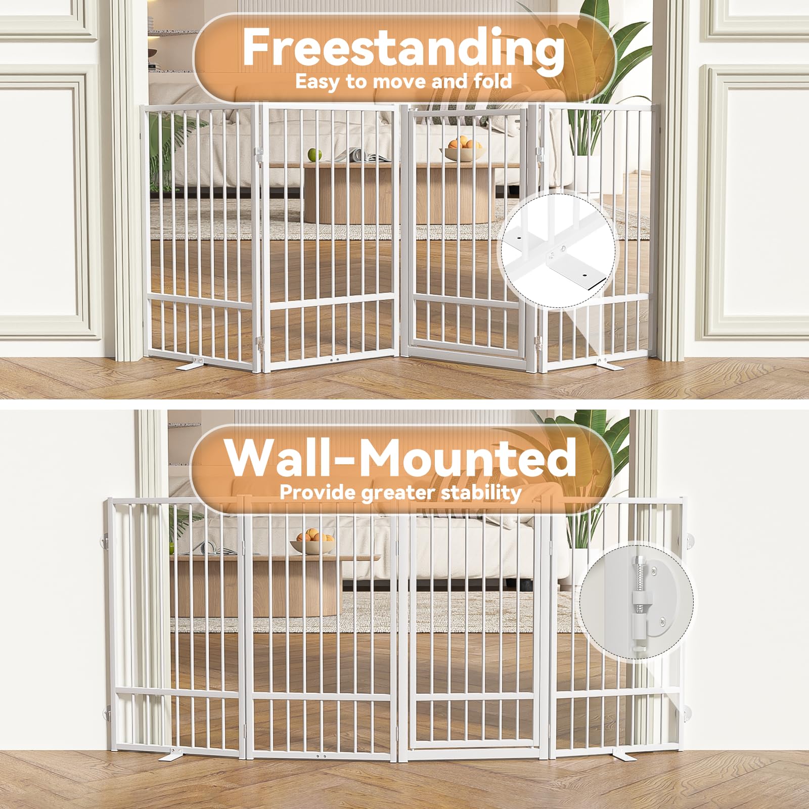 SNUOWU Full Metal Freestanding Dog Gate with Door, 24'' Height Foldable Pet Dog Fence for Indoor & Outdoor, 2 Panels Extra Wide Free Standing SmallDog Gates for Doorways,House,Stairs,Porch,Deck,Yard