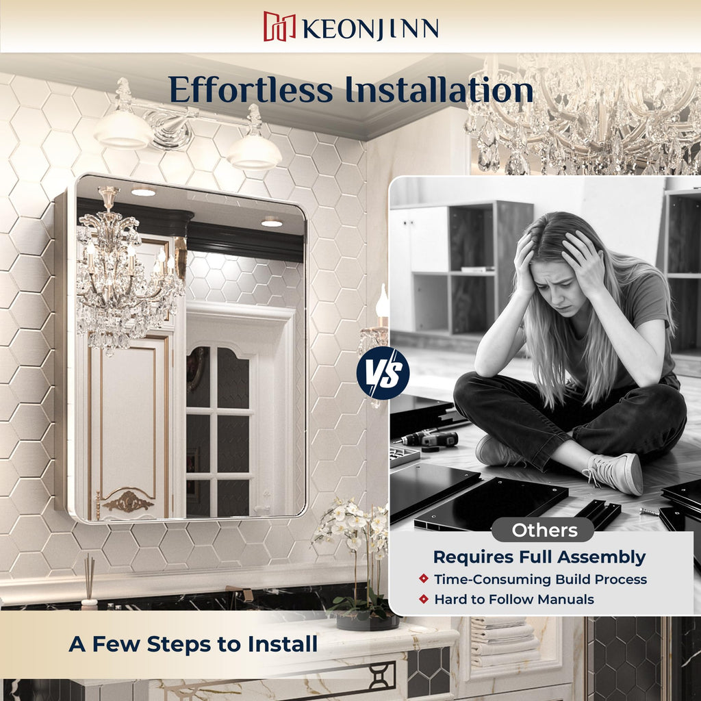 Keonjinn 15 x 36 Inch Black Slim Medicine Cabinets, Narrow Bathroom Side Medicine Cabinet with Mirror, Stainless Steel Framed, Adjustable Shelves, Recessed or Wall Mount, Modern Farmhouse