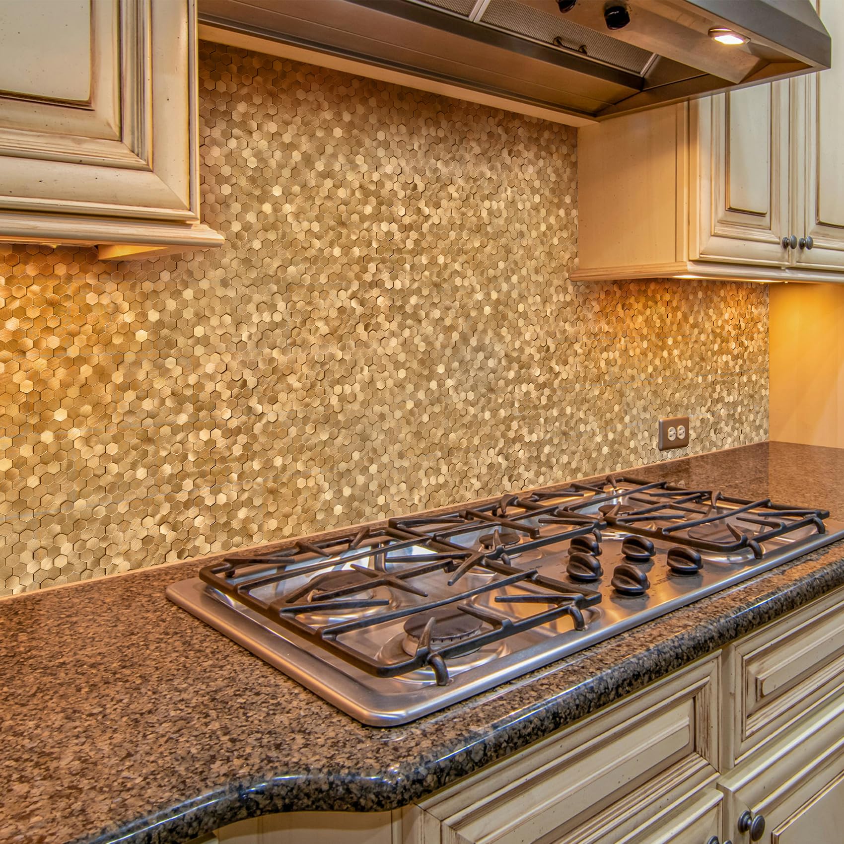 STICKGOO Peel and Stick Backsplash Tiles, Stick on Mosaic Self Adhesive Tiles, 3D Hexagon Backsplash for Kitchen Bathroom Fireplace Vanity (8PCS, Copper)