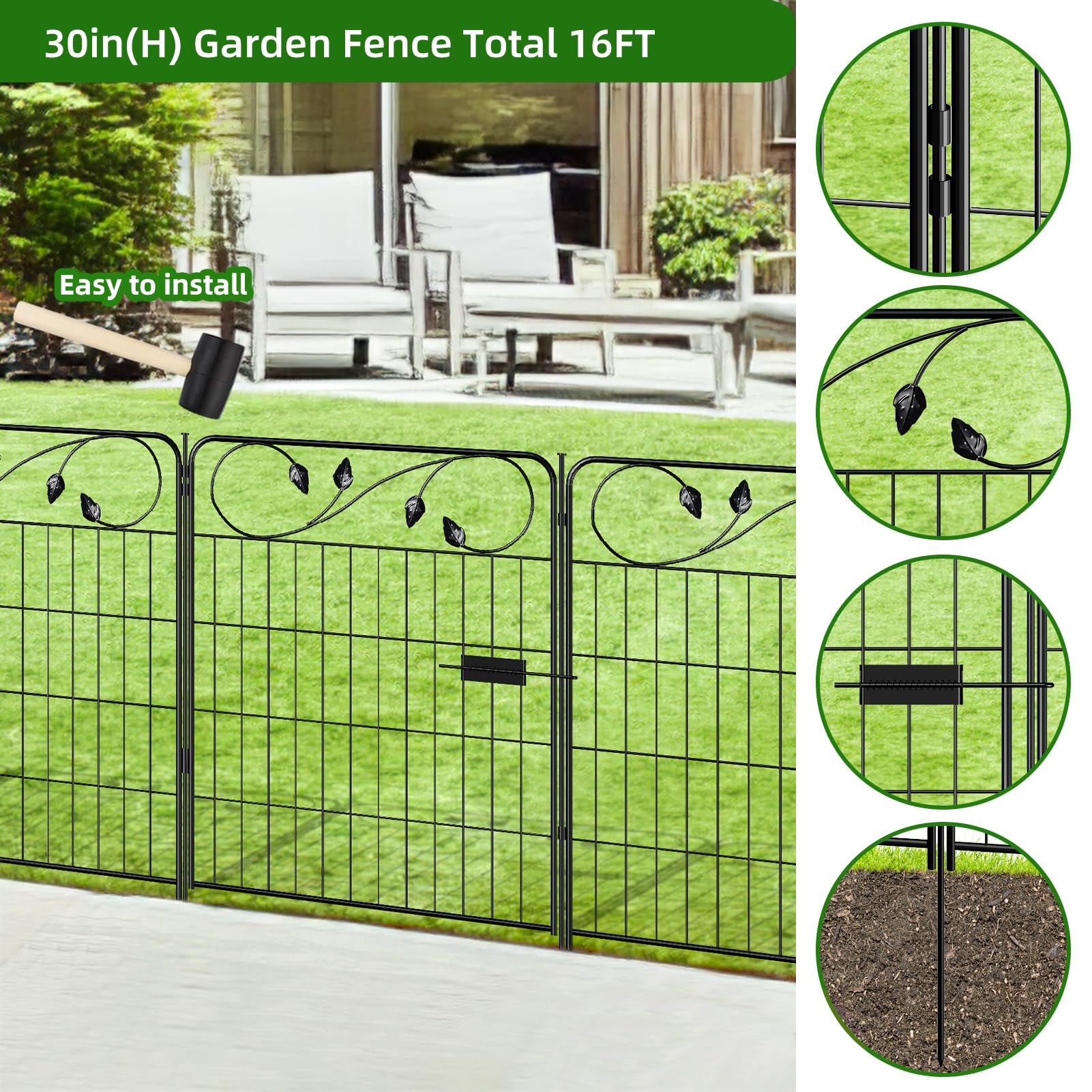FOREHOGAR Decorative Metal Garden Fence 24in(H) X10ft(L) 5 Panels Leaf Black Rustproof Wire Border Fence for Landscape Patio Flower Bed Garden Fencing Panel Animal Barrier for Dogs